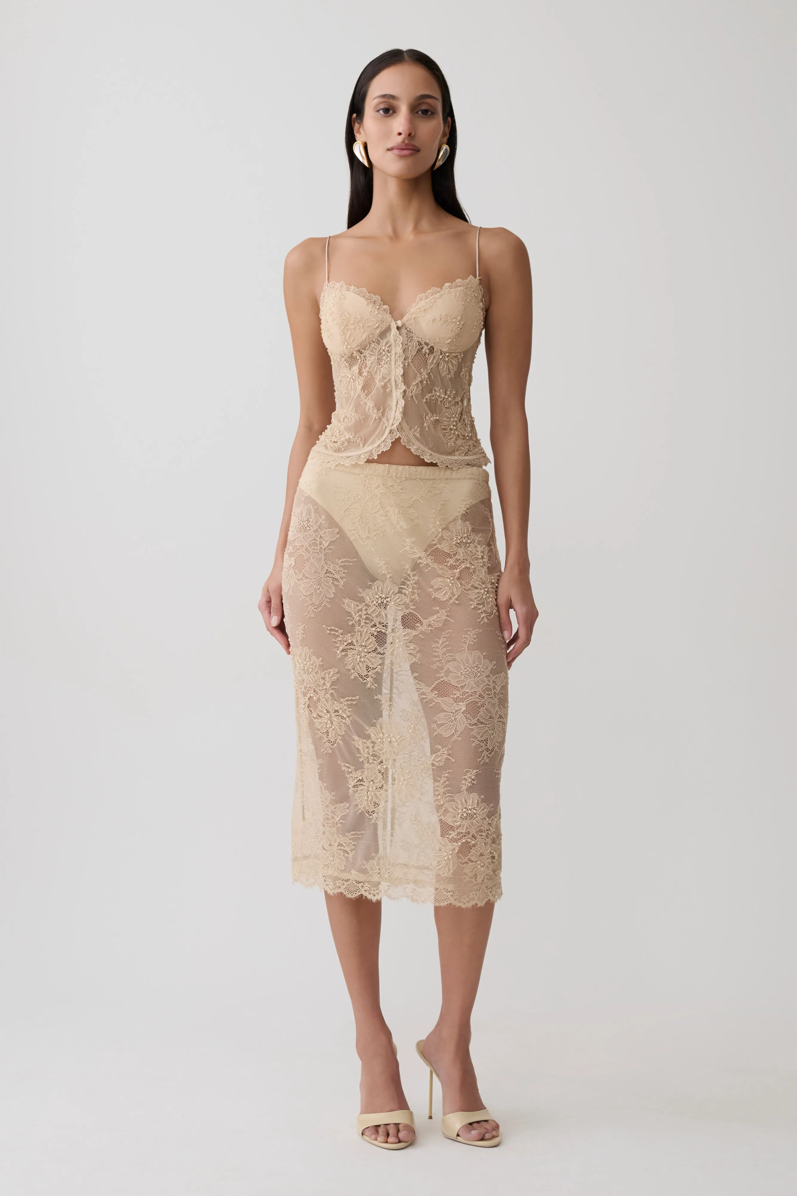 Marcelle Lace Midi Skirt - Blush Rose Gold sold by Meshki