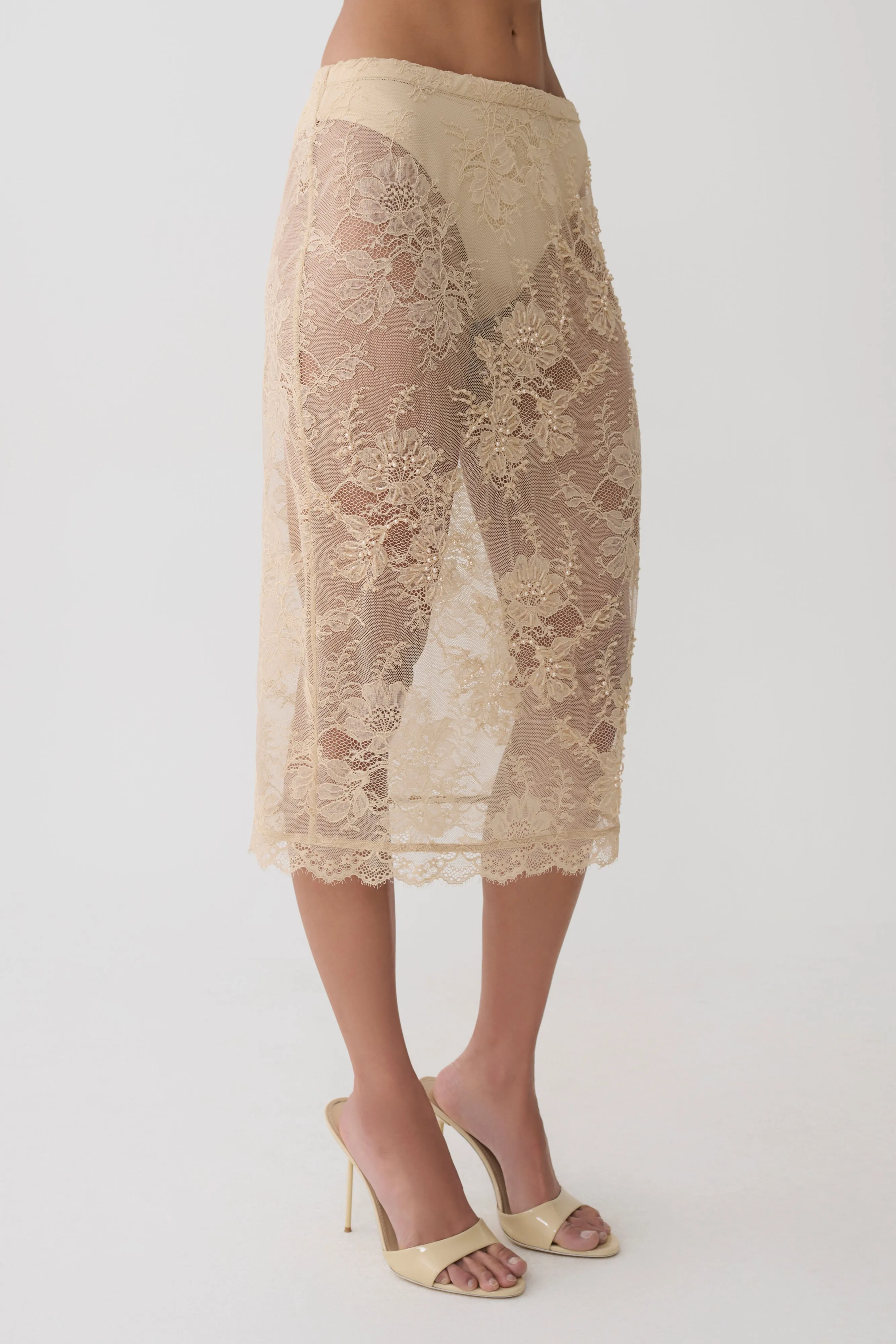 Marcelle Lace Midi Skirt - Blush Rose Gold sold by Meshki product image thumbnail 5