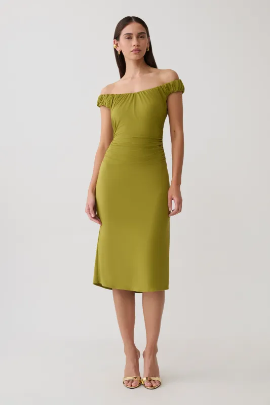 Alize Cupro Knee Length Dress - Martini Olive made by Meshki
