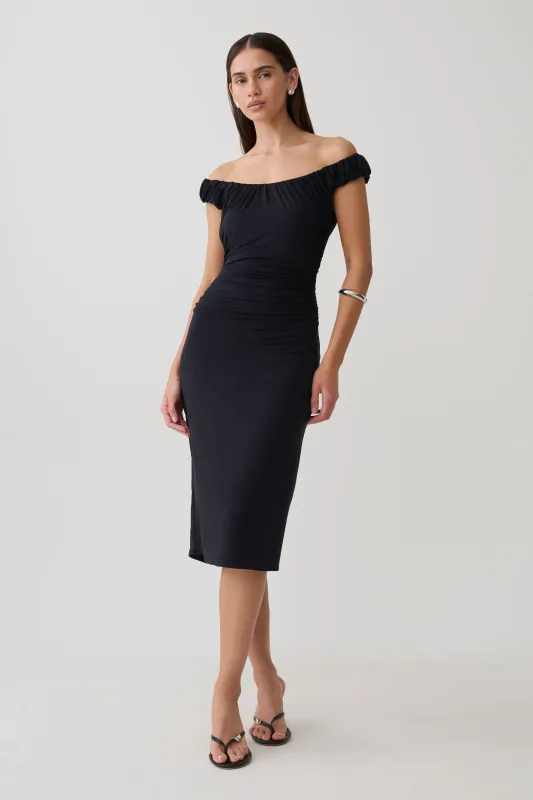 Alize Cupro Knee Length Dress - Black made by Meshki