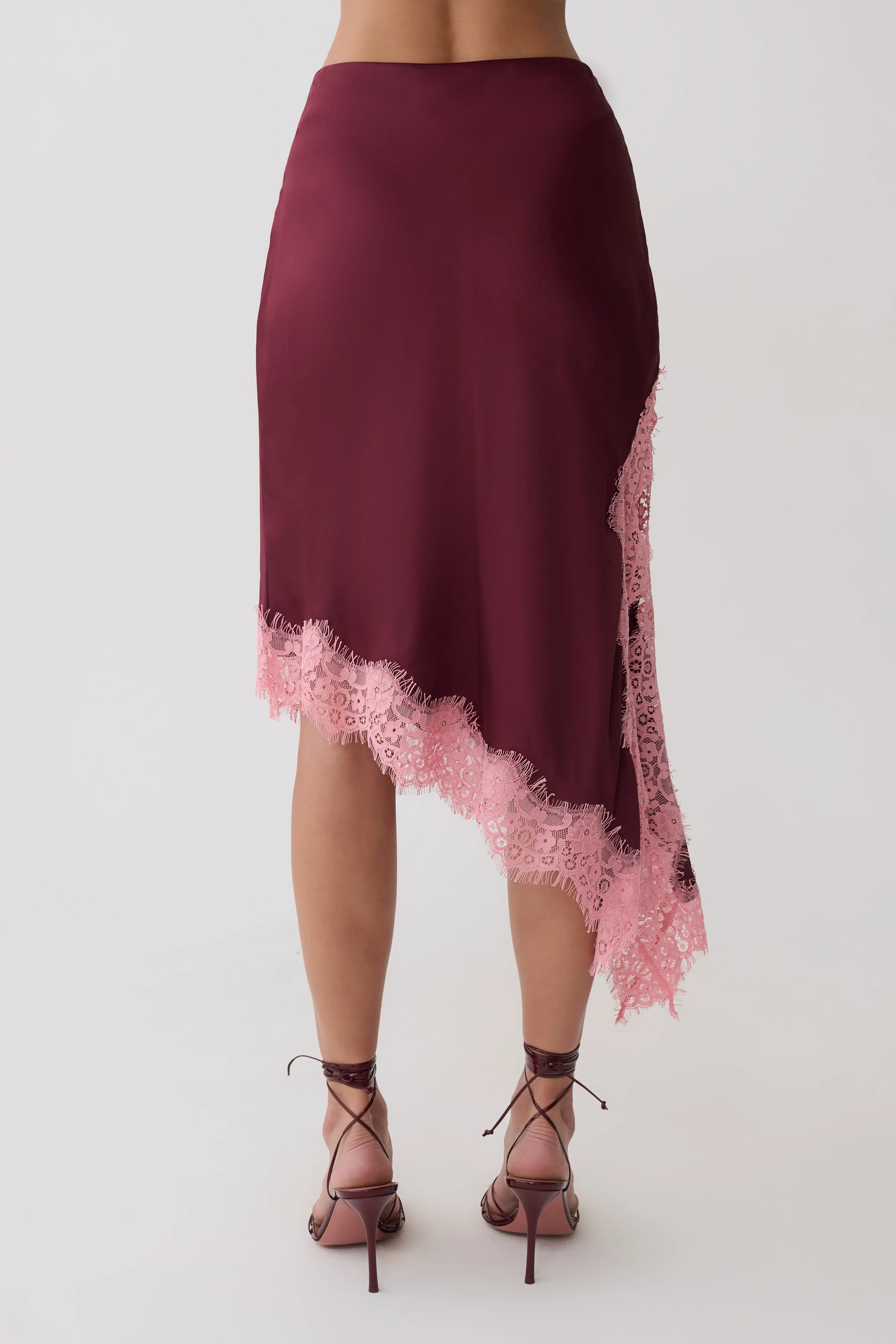 Amber Satin And Lace Midi Skirt - Burgundy sold by Meshki product image thumbnail 5
