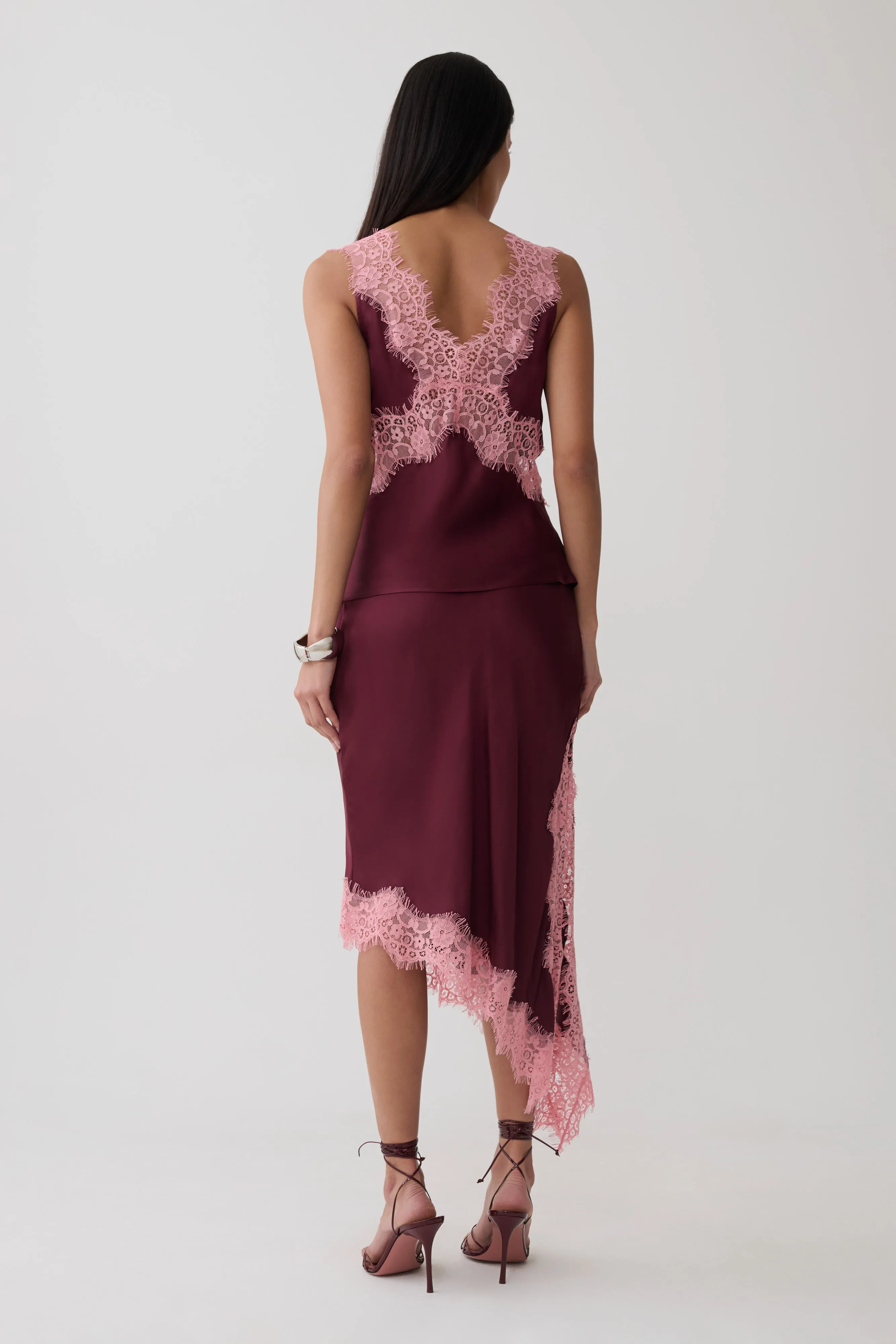 Amber Satin And Lace Midi Skirt - Burgundy sold by Meshki product image thumbnail 2