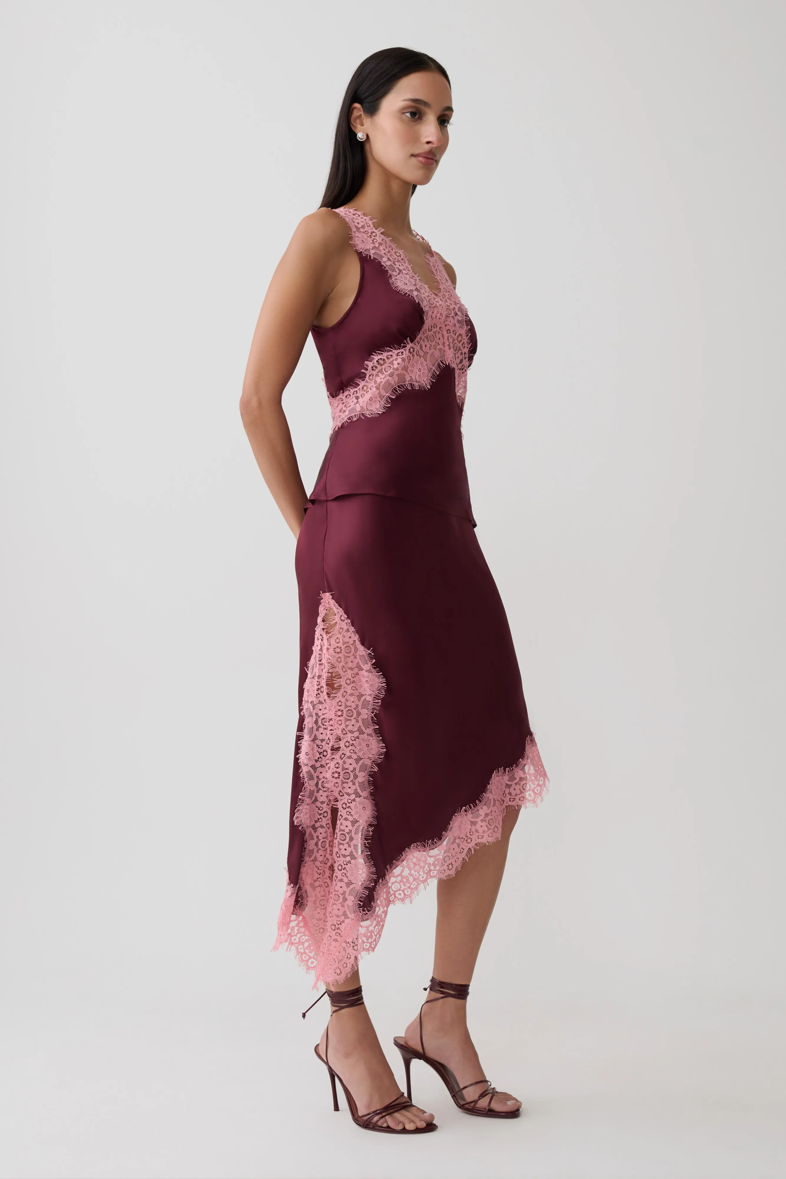 Amber Satin And Lace Midi Skirt - Burgundy sold by Meshki product image thumbnail 4