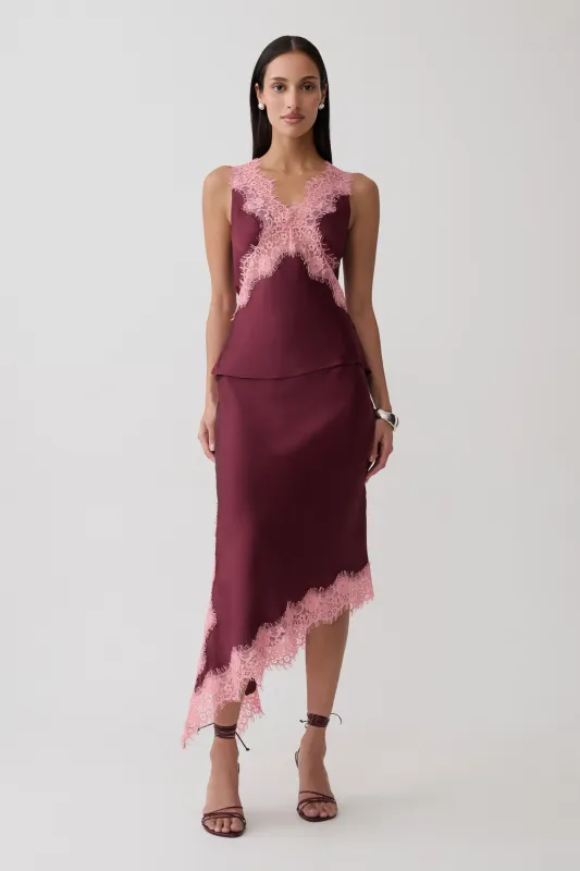 Amber Satin And Lace Midi Skirt - Burgundy made by Meshki