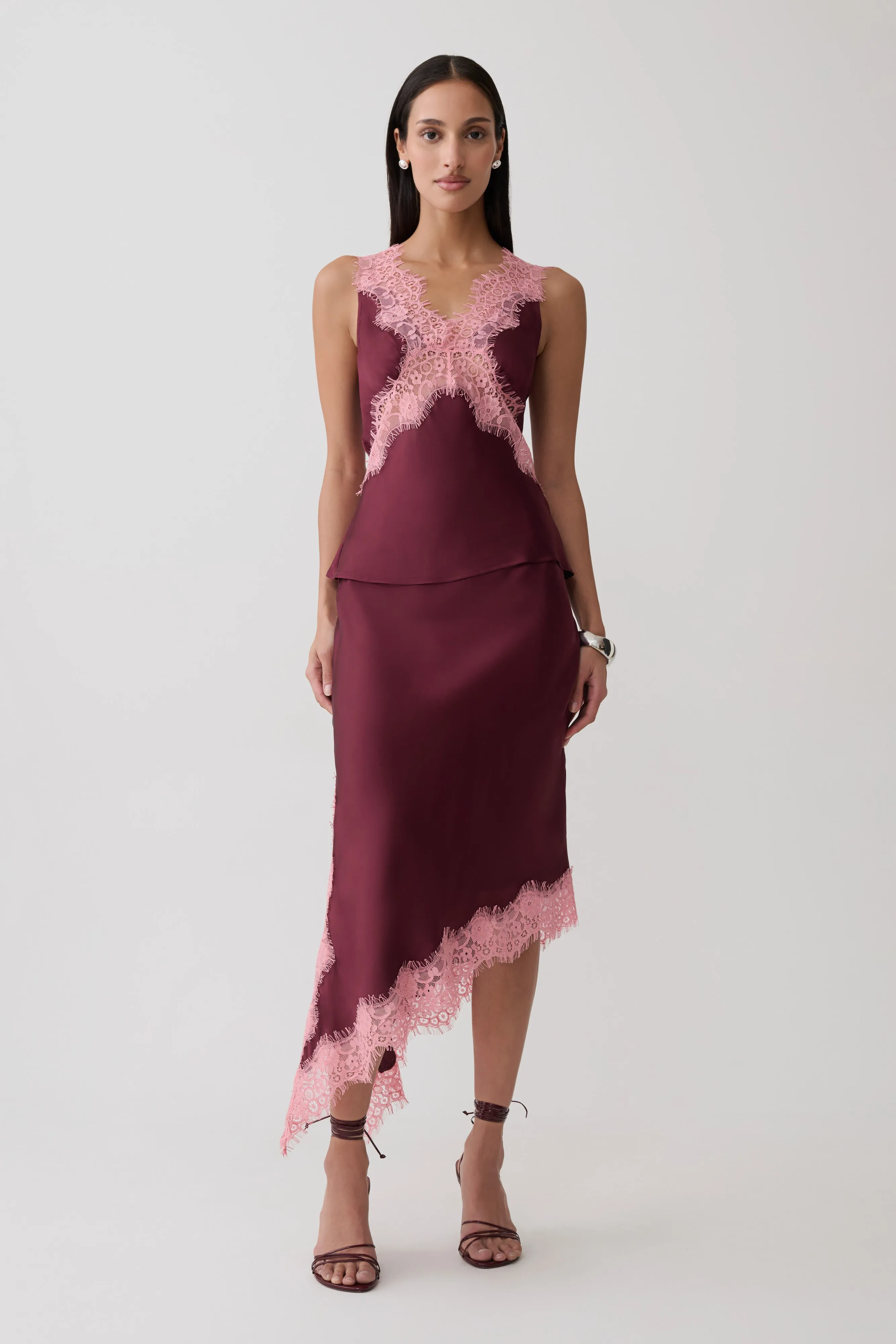 Amber Satin And Lace Midi Skirt - Burgundy sold by Meshki