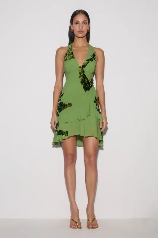 Aaliyah Sequin & Chiffon Mini Dress - Green made by Meshki