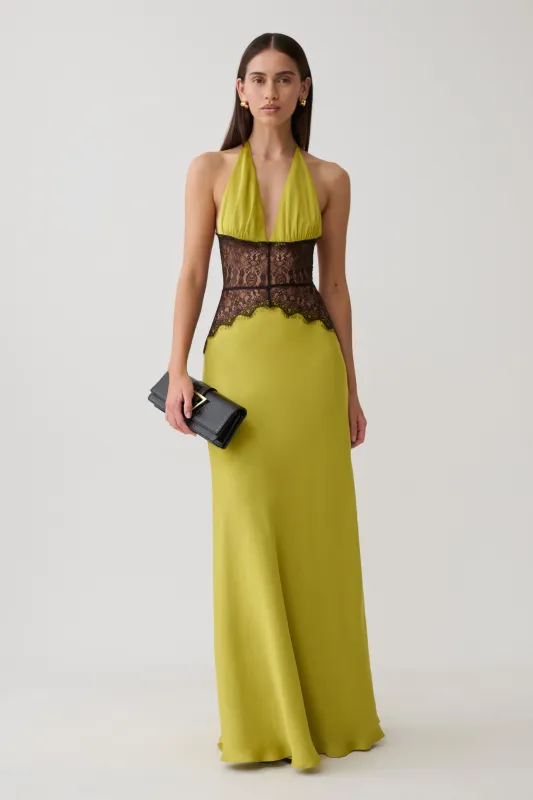 Dinah Lace And Satin Maxi Dress - Chartreuse made by Meshki