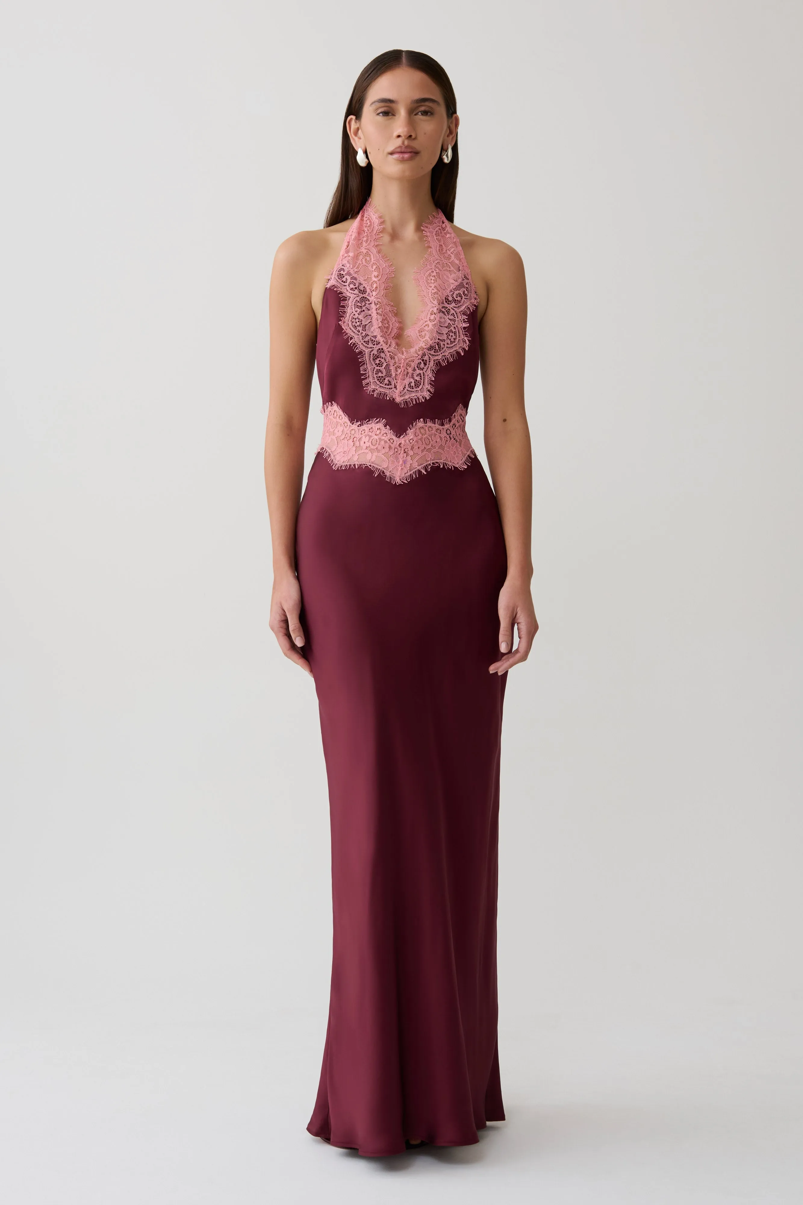 Louise Satin And Lace Maxi Dress - Burgundy sold by Meshki product image thumbnail 5