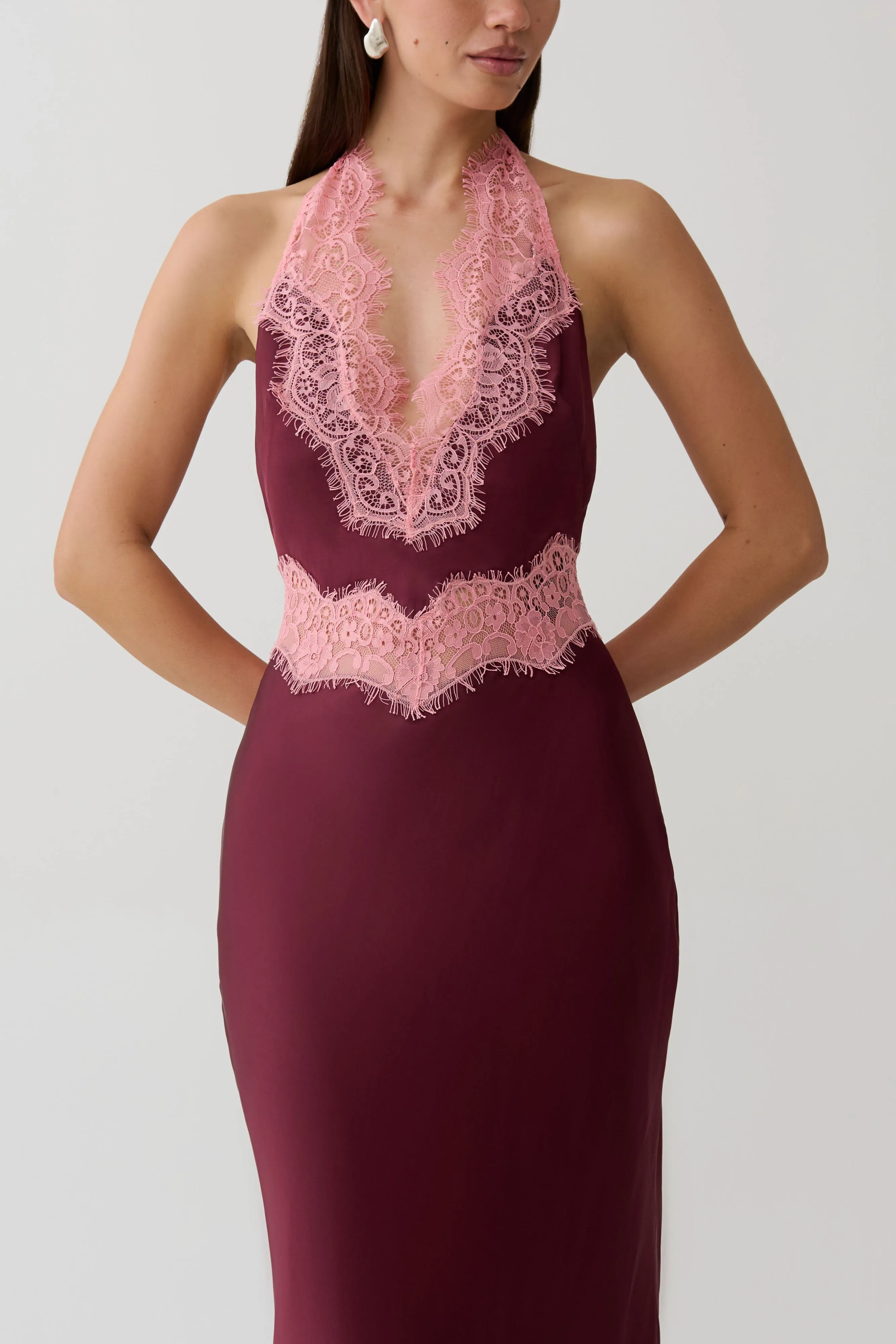 Louise Satin And Lace Maxi Dress - Burgundy sold by Meshki product image thumbnail 3