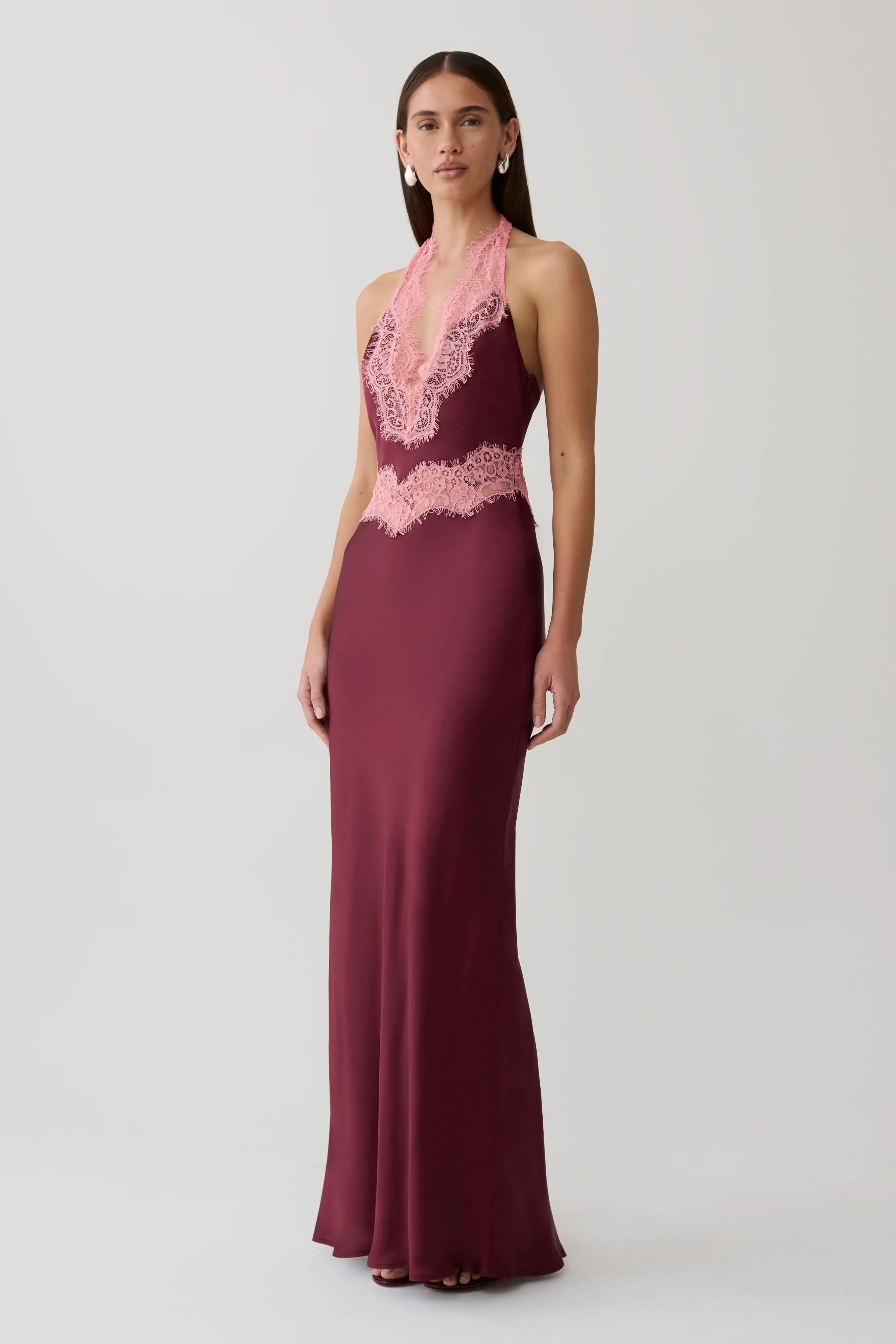 Louise Satin And Lace Maxi Dress - Burgundy sold by Meshki product image thumbnail 4