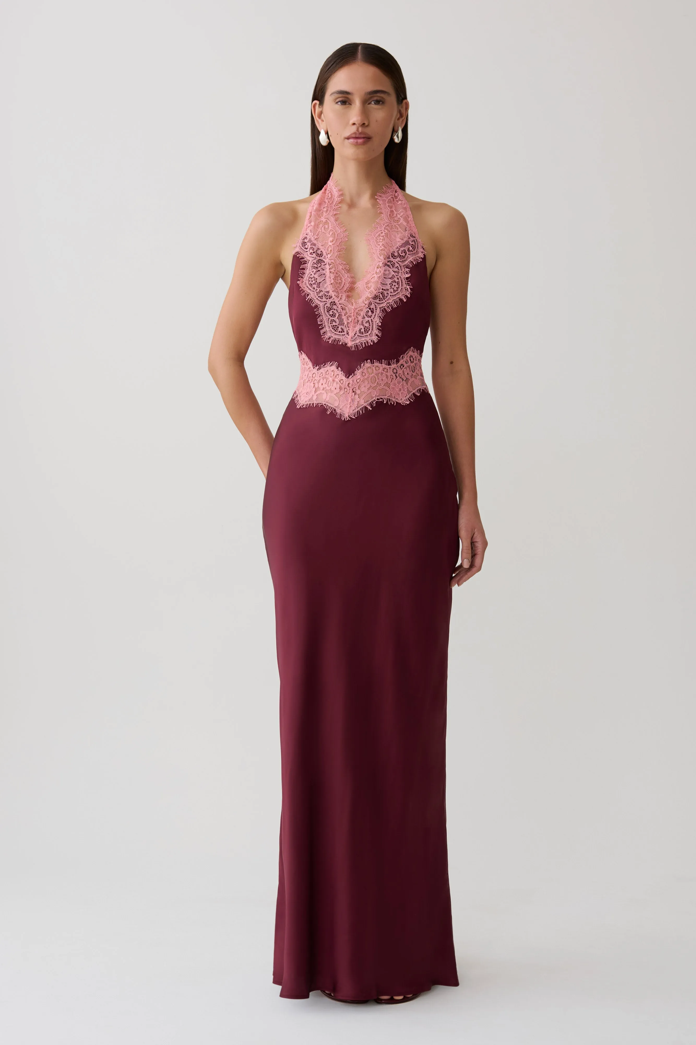 Louise Satin And Lace Maxi Dress - Burgundy sold by Meshki