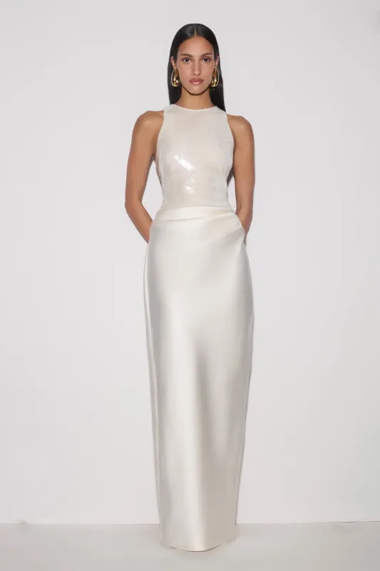 Addison Sequin & Satin Maxi Dress - White made by Meshki