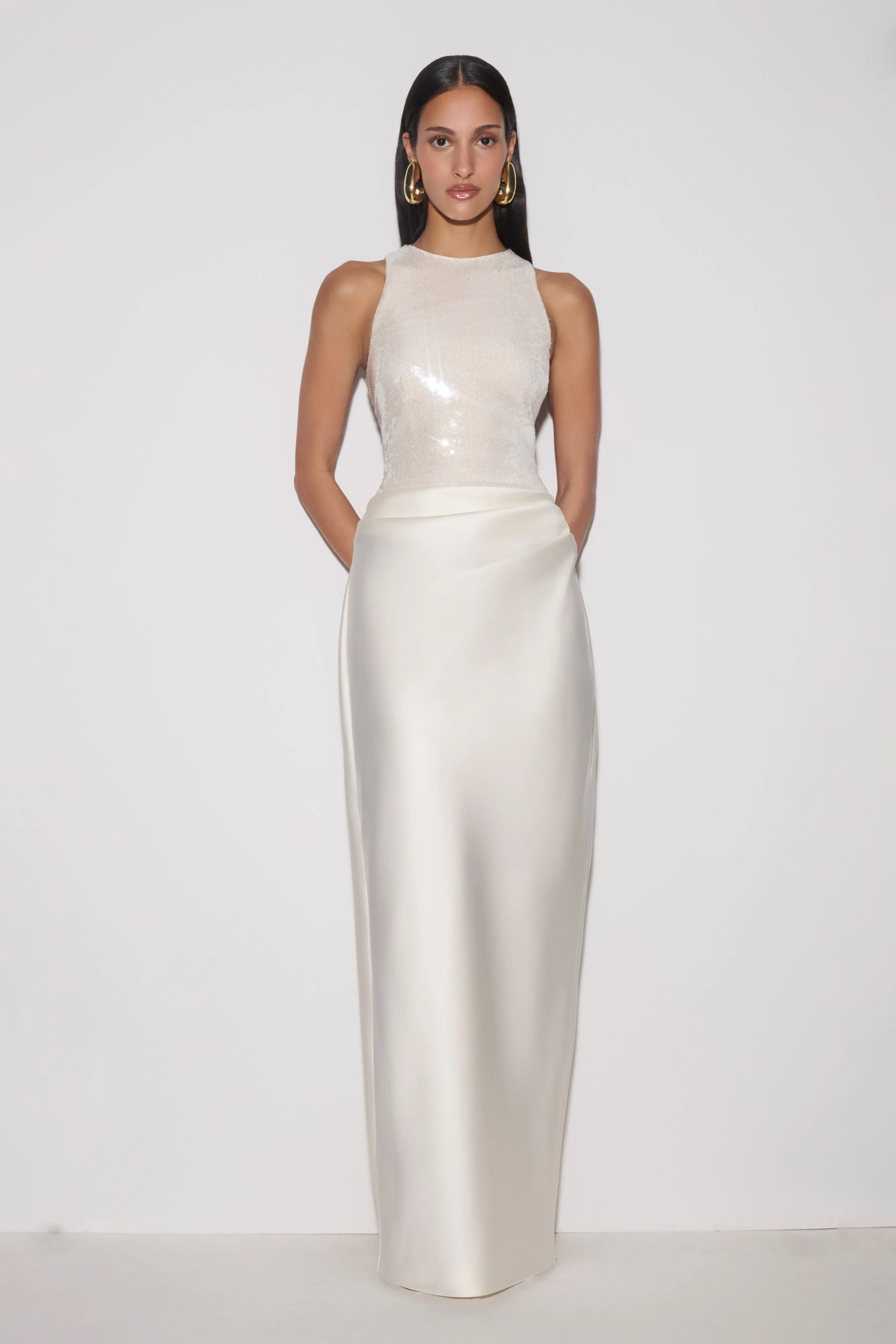 Addison Sequin & Satin Maxi Dress - White sold by Meshki