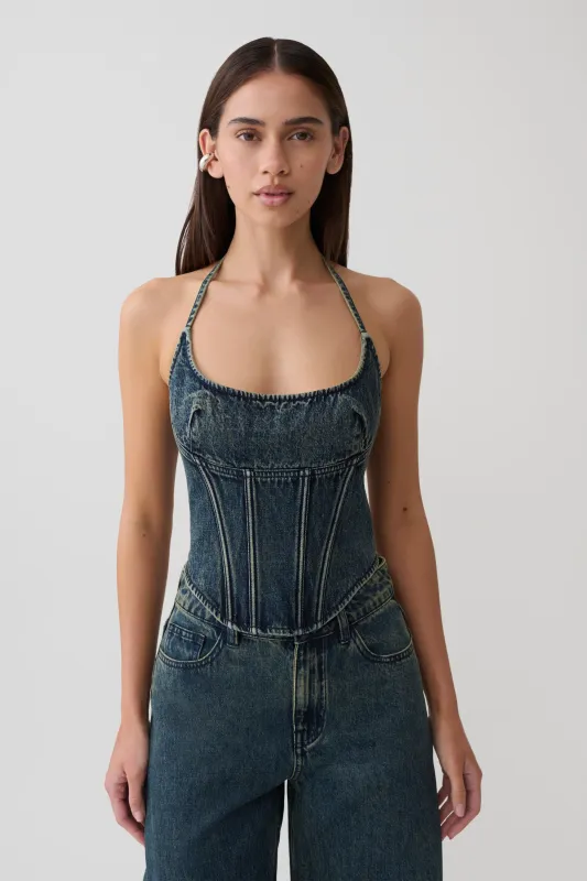 Stephanie Corset Denim Top - Vintage Blue made by Meshki