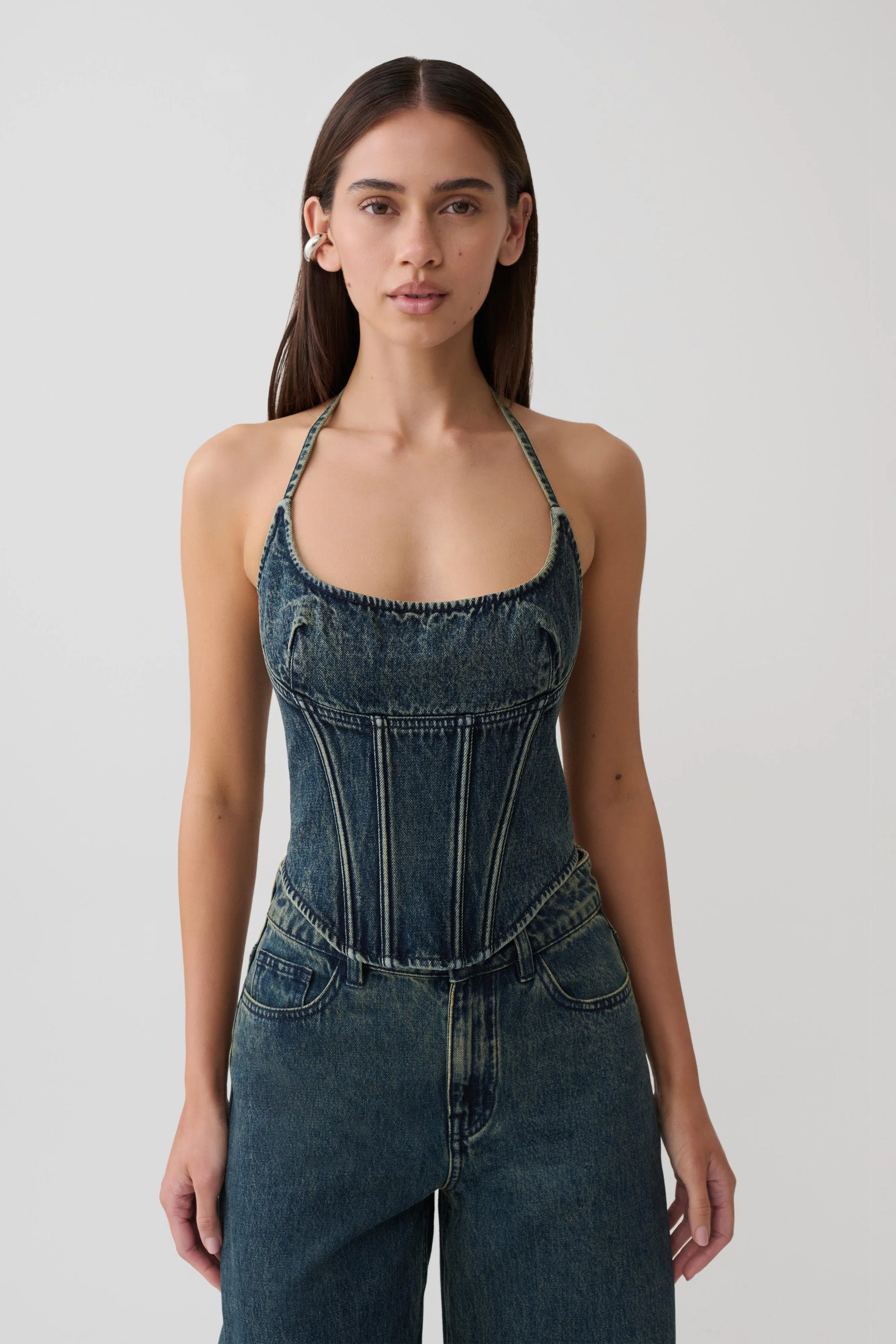 Stephanie Corset Denim Top - Vintage Blue sold by Meshki