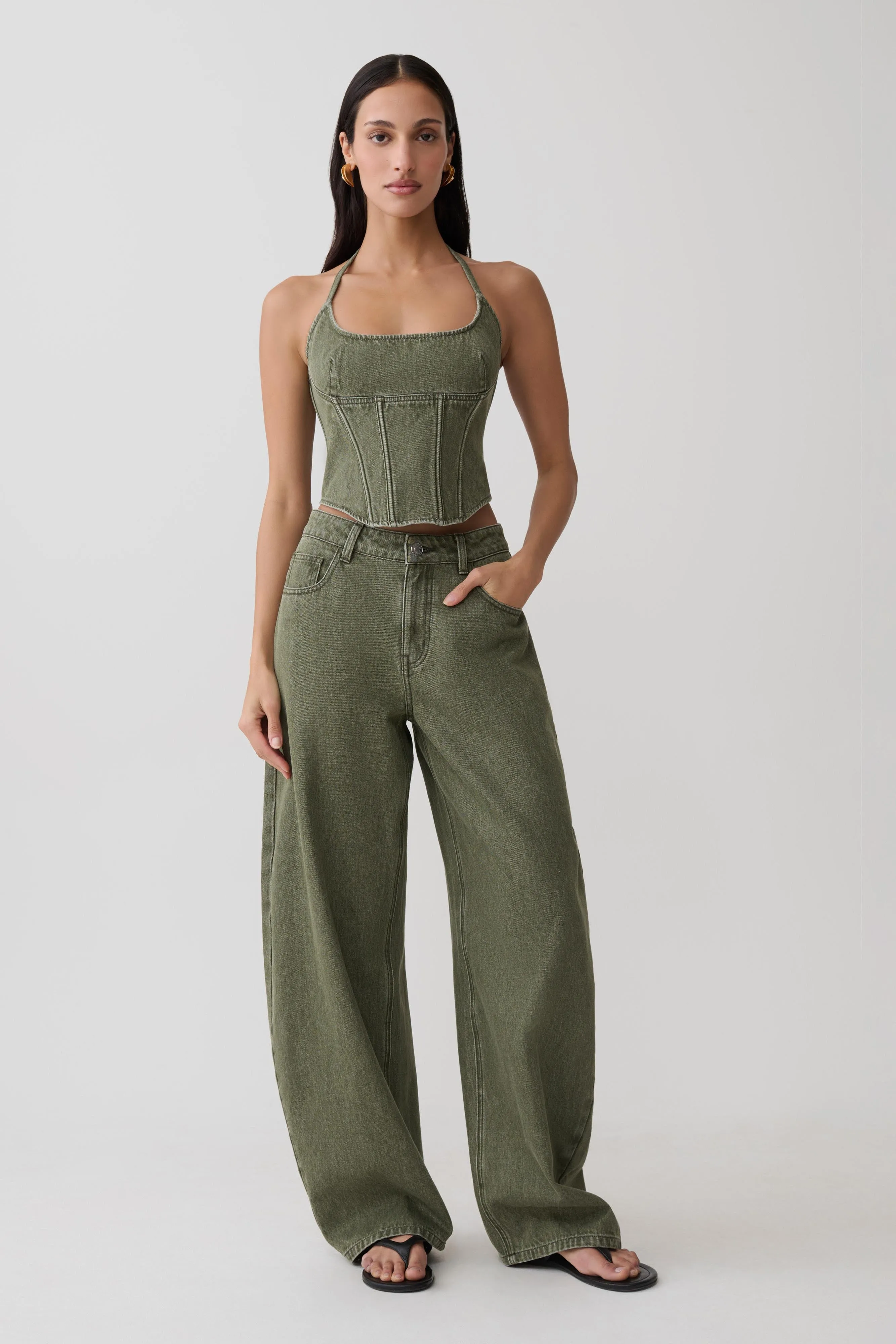 Stephanie Corset Denim Top - Washed Khaki sold by Meshki product image thumbnail 4