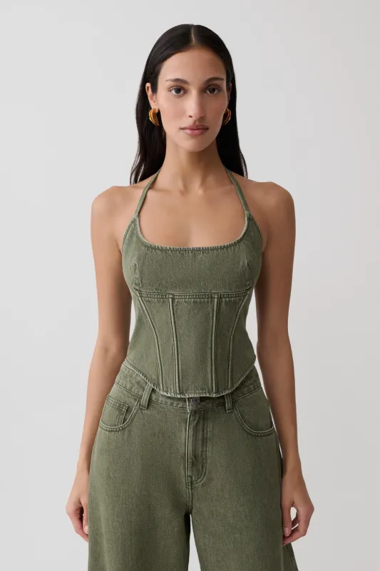 Stephanie Corset Denim Top - Washed Khaki made by Meshki