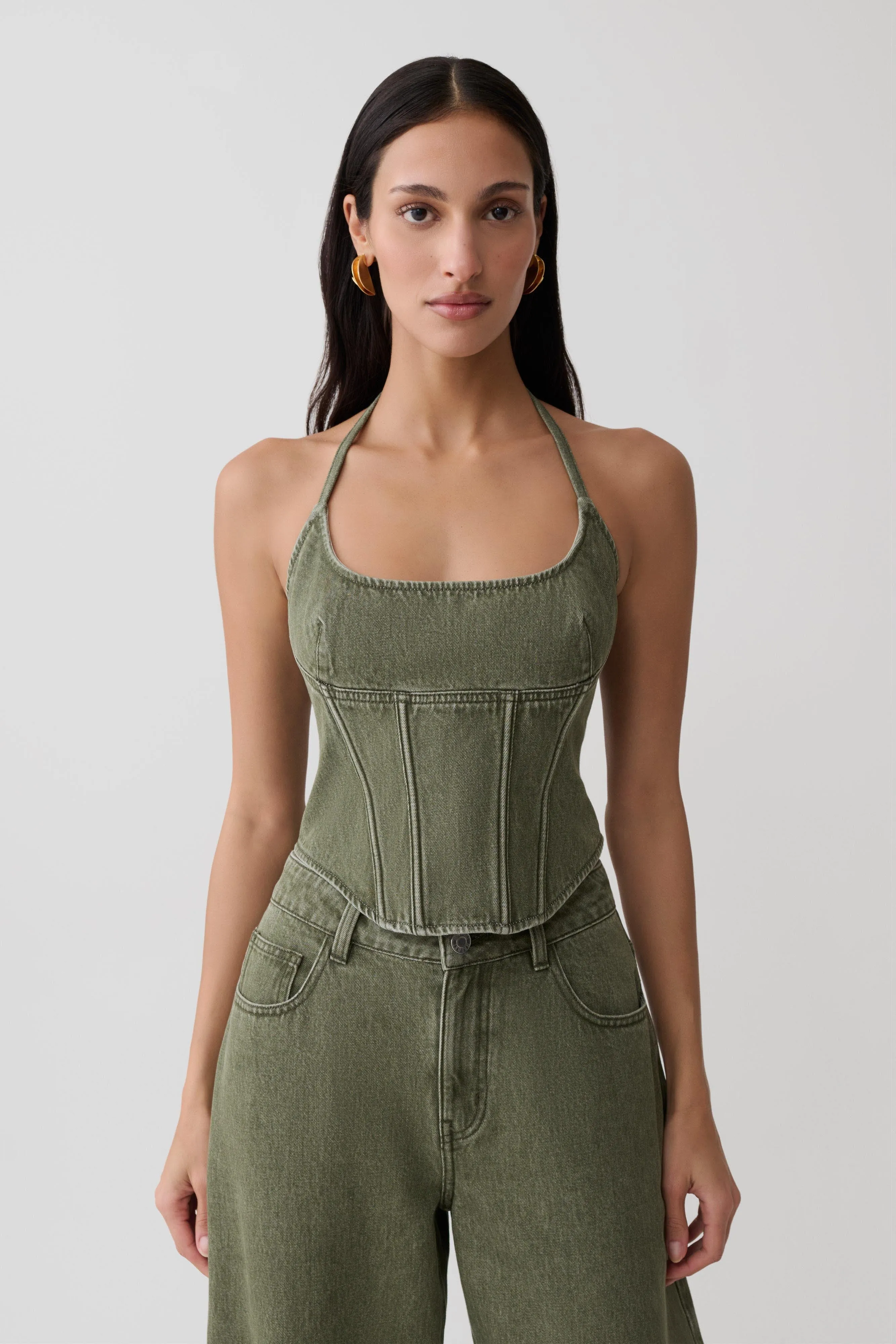 Stephanie Corset Denim Top - Washed Khaki sold by Meshki