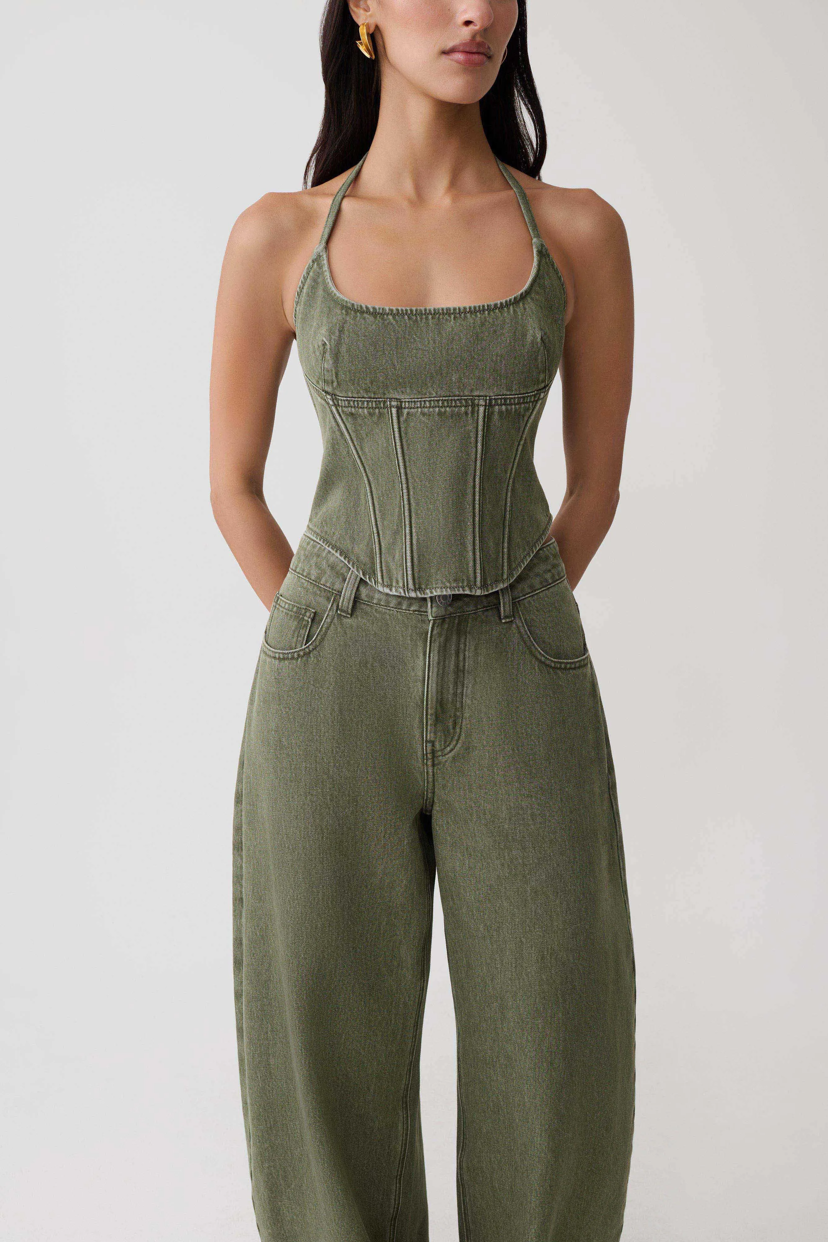 Stephanie Corset Denim Top - Washed Khaki sold by Meshki product image thumbnail 3