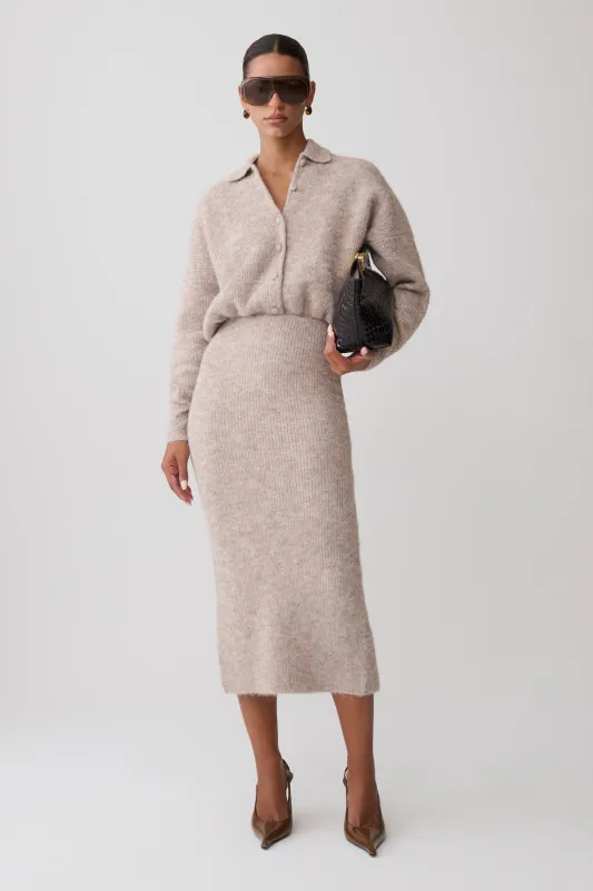 Simoney Long Sleeve Midi Knit Dress - Oat Marle made by Meshki