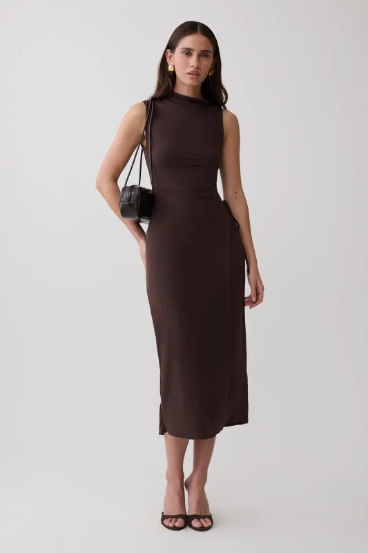 Euphemia Cupro Midi Wrap Dress - Chocolate made by Meshki