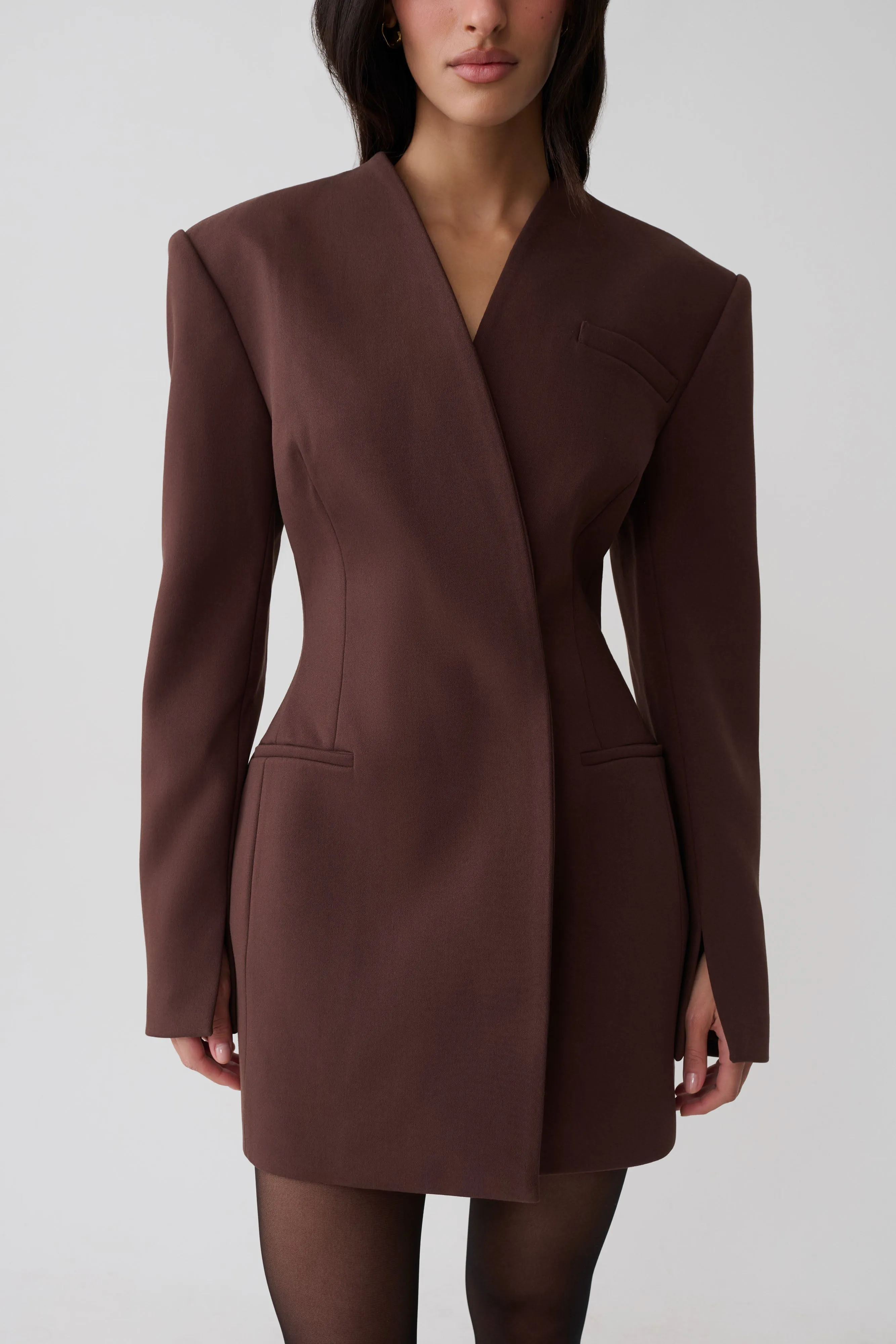 Makayla Suiting Structured Mini Dress - Dark Chocolate sold by Meshki product image thumbnail 3