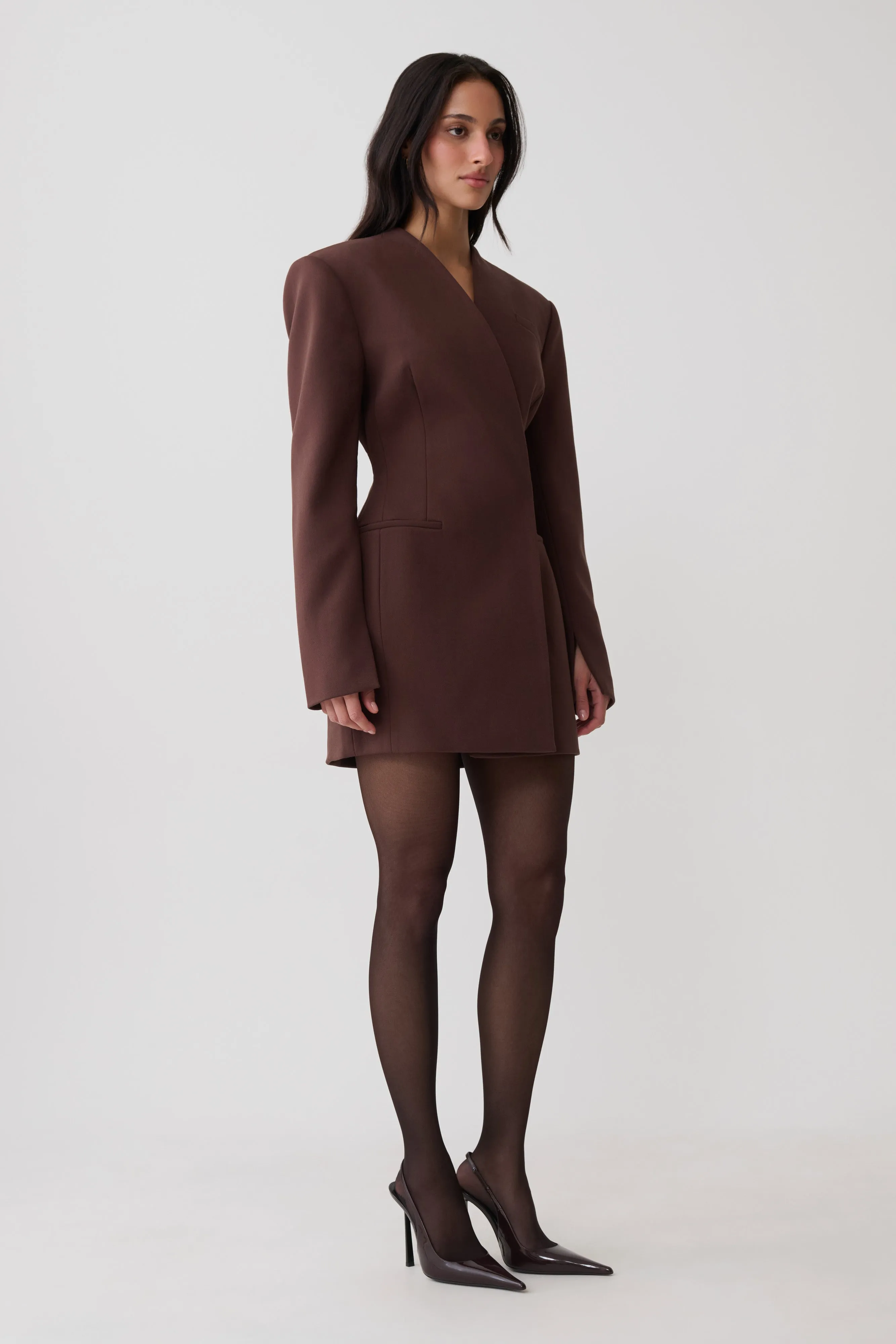 Makayla Suiting Structured Mini Dress - Dark Chocolate sold by Meshki product image thumbnail 5
