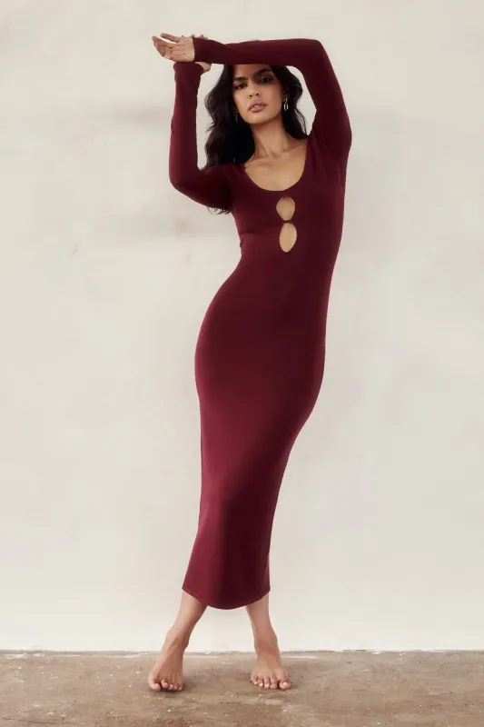 Alma Long Sleeve Knit Midi Dress - Cherry Chocolate sold by Meshki