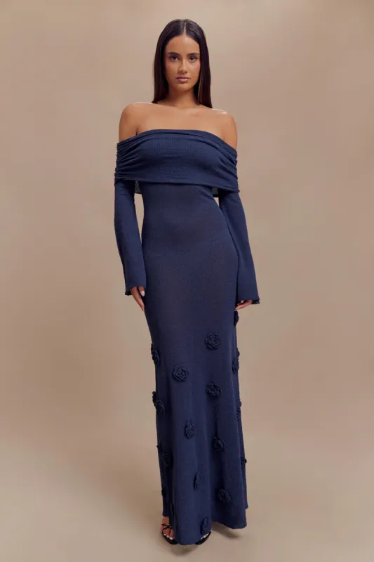 Kiki Off Shoulder Knit Rose Maxi Dress - Navy sold by Meshki