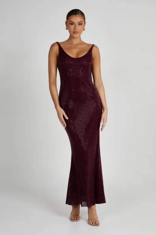 Pam Square Diamante Maxi Dress - Berry sold by Meshki