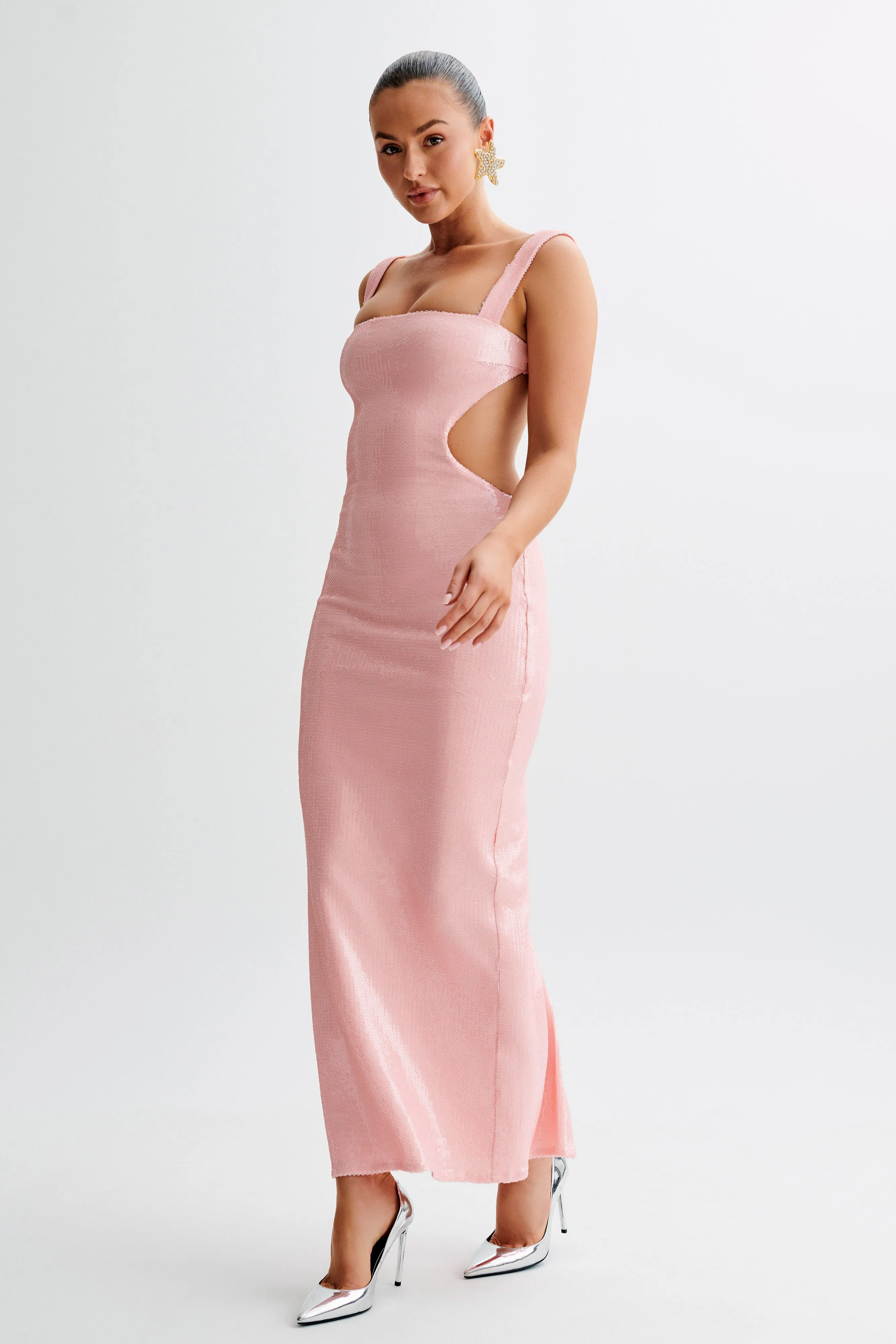 Adoria Sequin Cut Out Maxi Dress - Pale Pink | Parallel