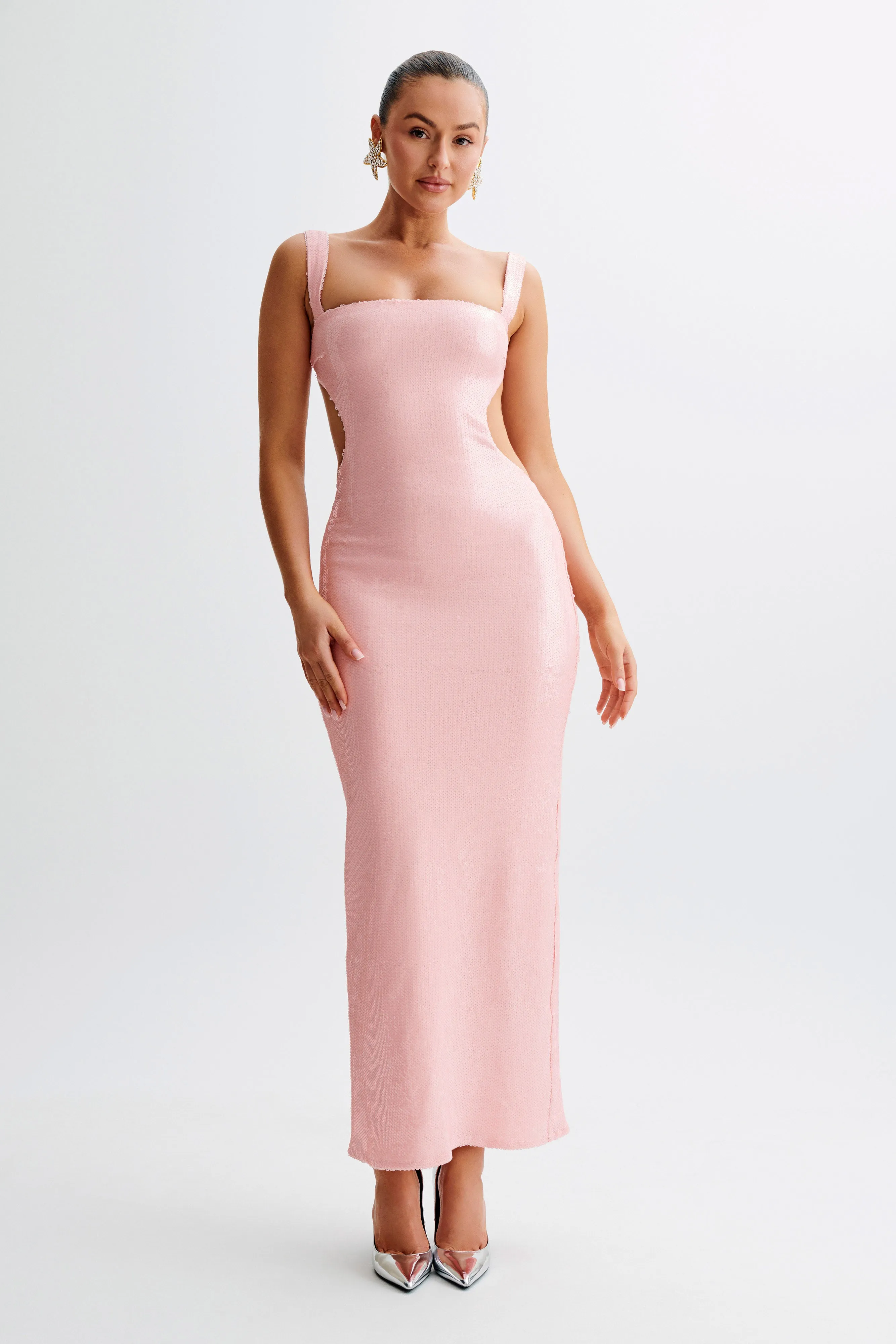 Adoria Sequin Cut Out Maxi Dress - Pale Pink | Parallel