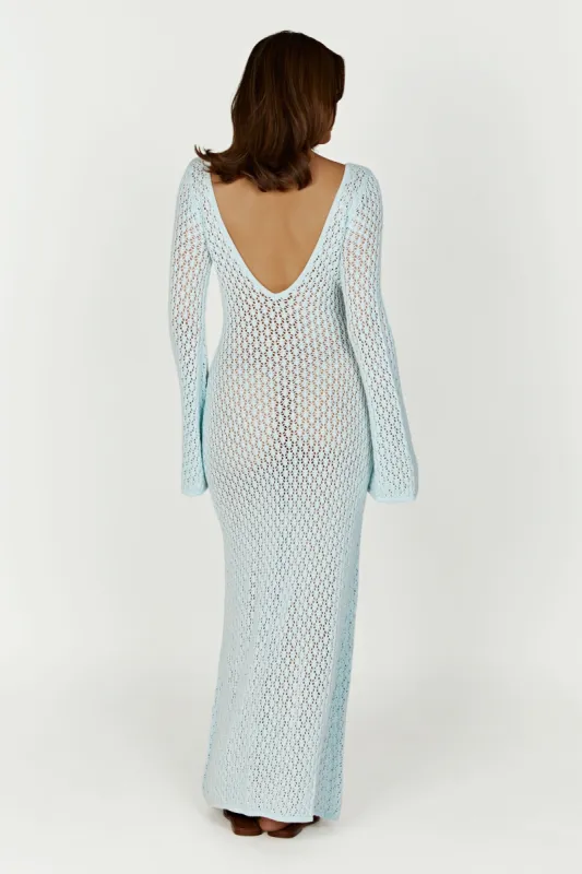 Kayleigh Crochet Fishtail Flare Sleeve Maxi Dress - Arctic Blue | Parallel