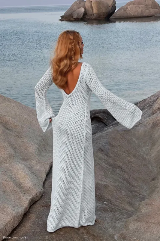 crochet fishtail dress Kayleigh Crochet Fishtail Flare Sleeve Maxi Dress - Arctic Blue