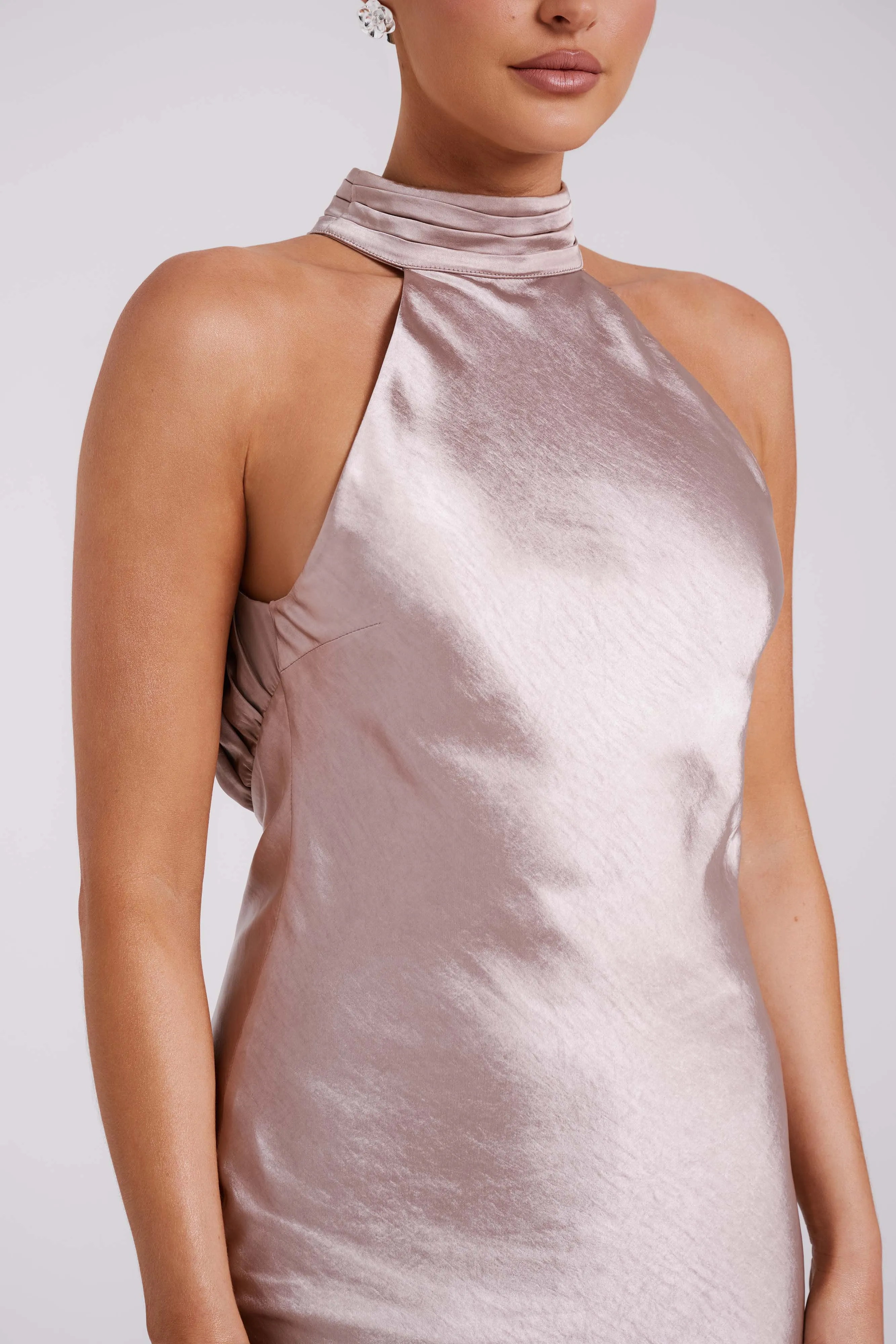 Claire Satin Drape Back Maxi Dress - Taupe sold by Meshki product image thumbnail 3