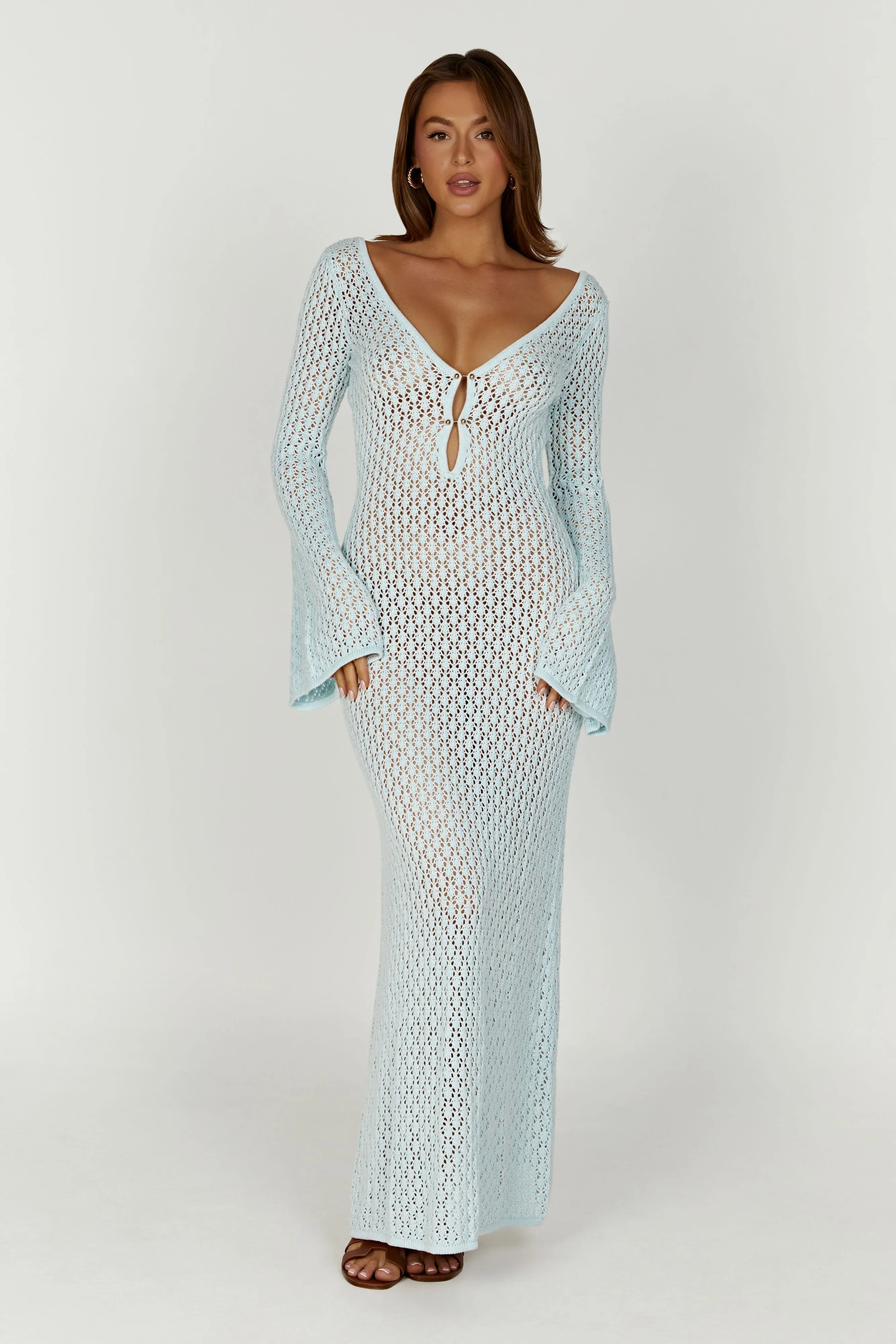 Kayleigh Crochet Fishtail Flare Sleeve Maxi Dress - Arctic Blue sold by Meshki product image thumbnail 4