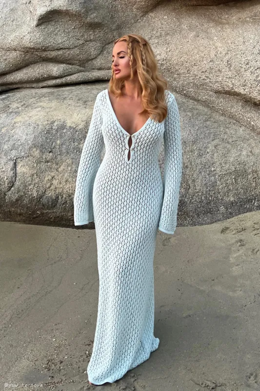 Kayleigh Crochet Fishtail Flare Sleeve Maxi Dress - Arctic Blue sold by Meshki