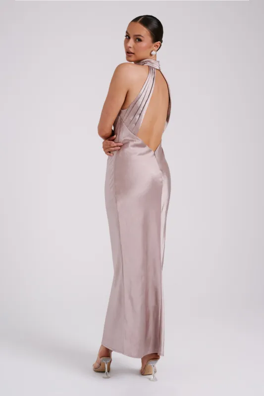 Claire Satin Drape Back Maxi Dress - Taupe sold by Meshki