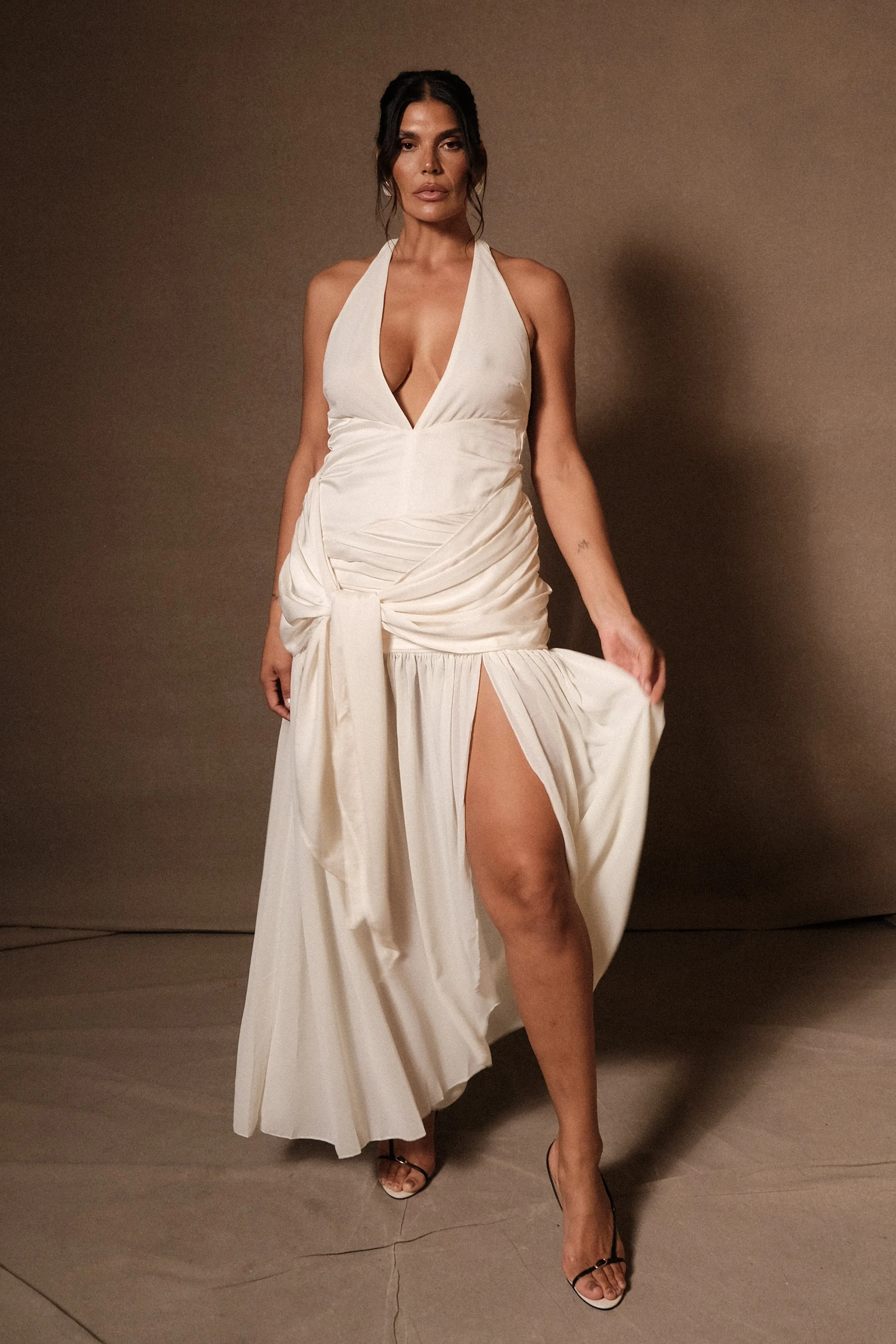 Graziana Satin Chiffon Plunge Maxi Dress - Ivory sold by Meshki product image thumbnail 4