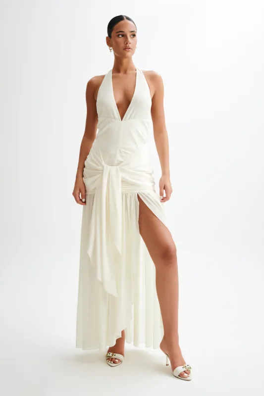 Graziana Satin Chiffon Plunge Maxi Dress - Ivory sold by Meshki