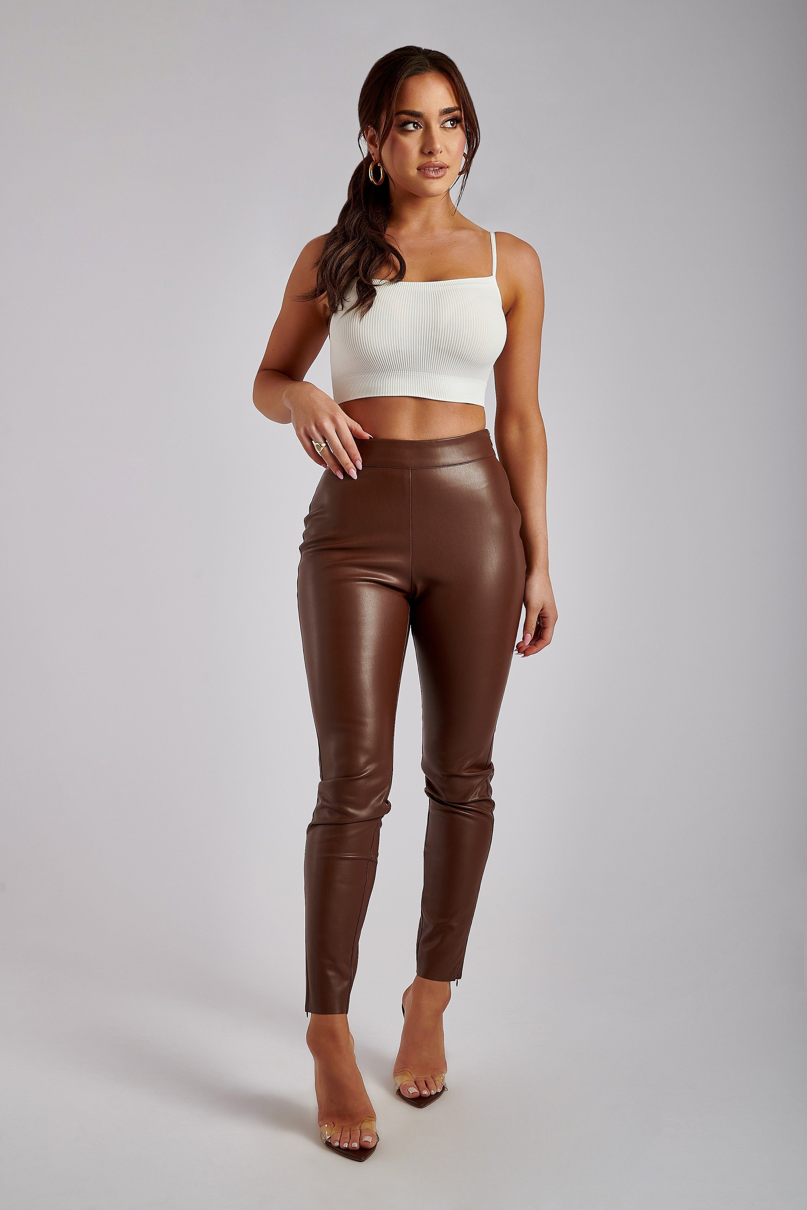 Shayla Skinny Faux Leather Split Pant - Chocolate sold by Meshki product image thumbnail 7