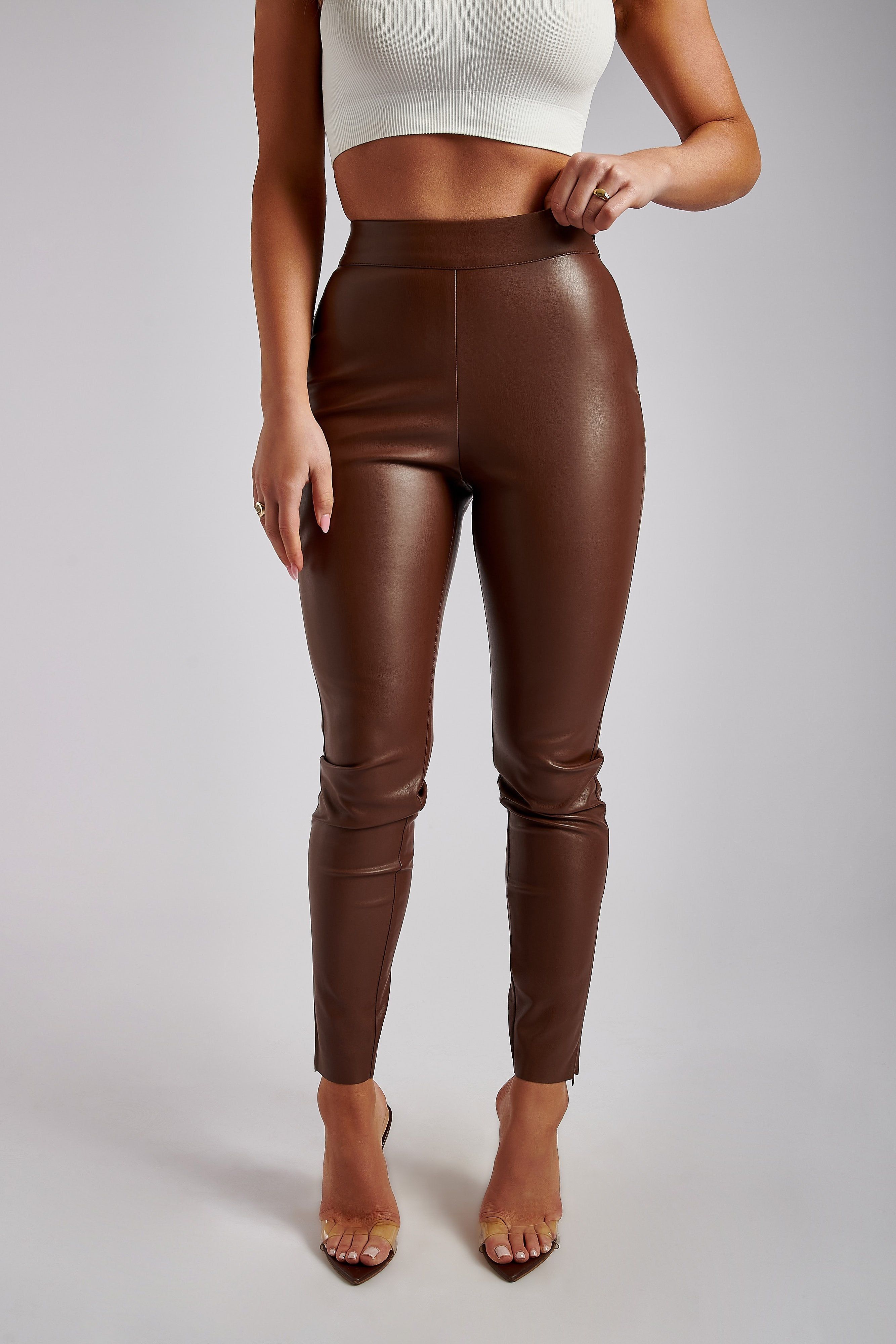 Shayla Skinny Faux Leather Split Pant - Chocolate sold by Meshki product image thumbnail 8