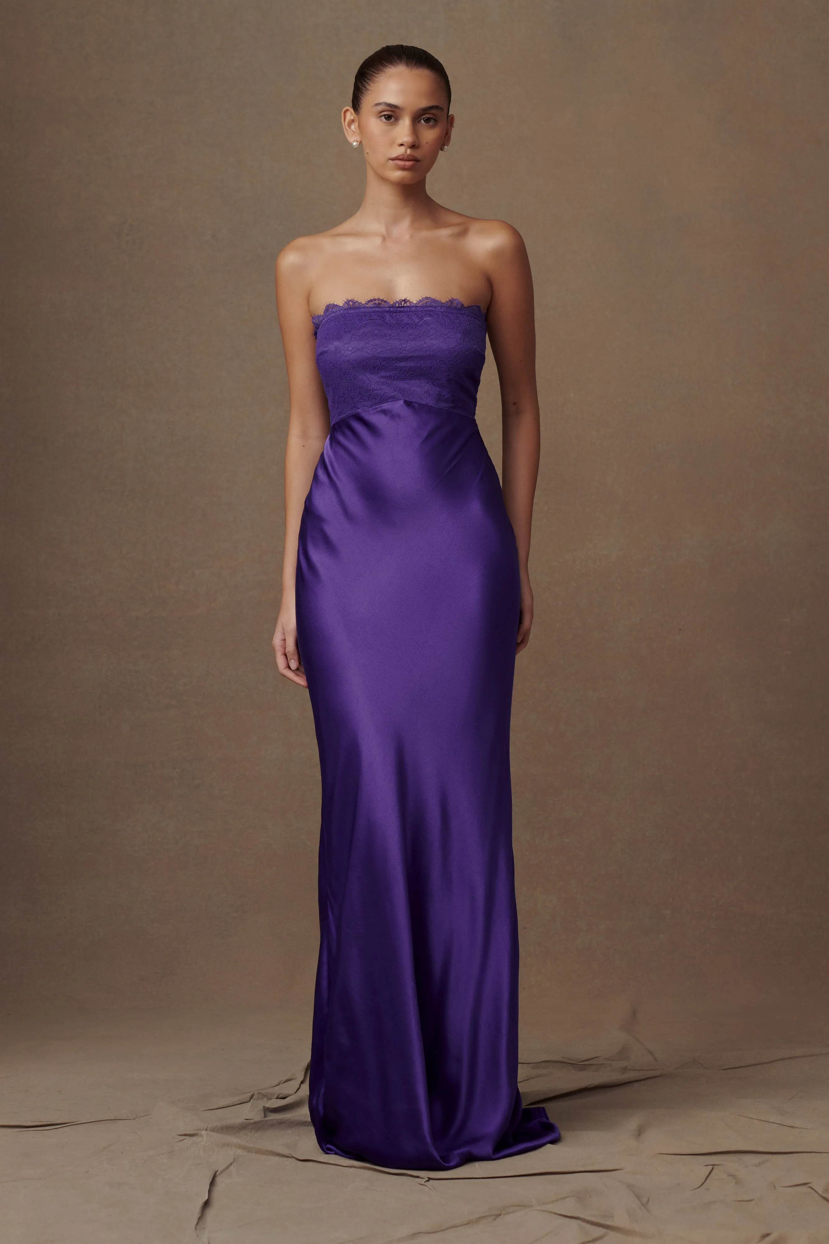 Darcie Strapless Satin Maxi Dress - Deep Purple sold by Meshki