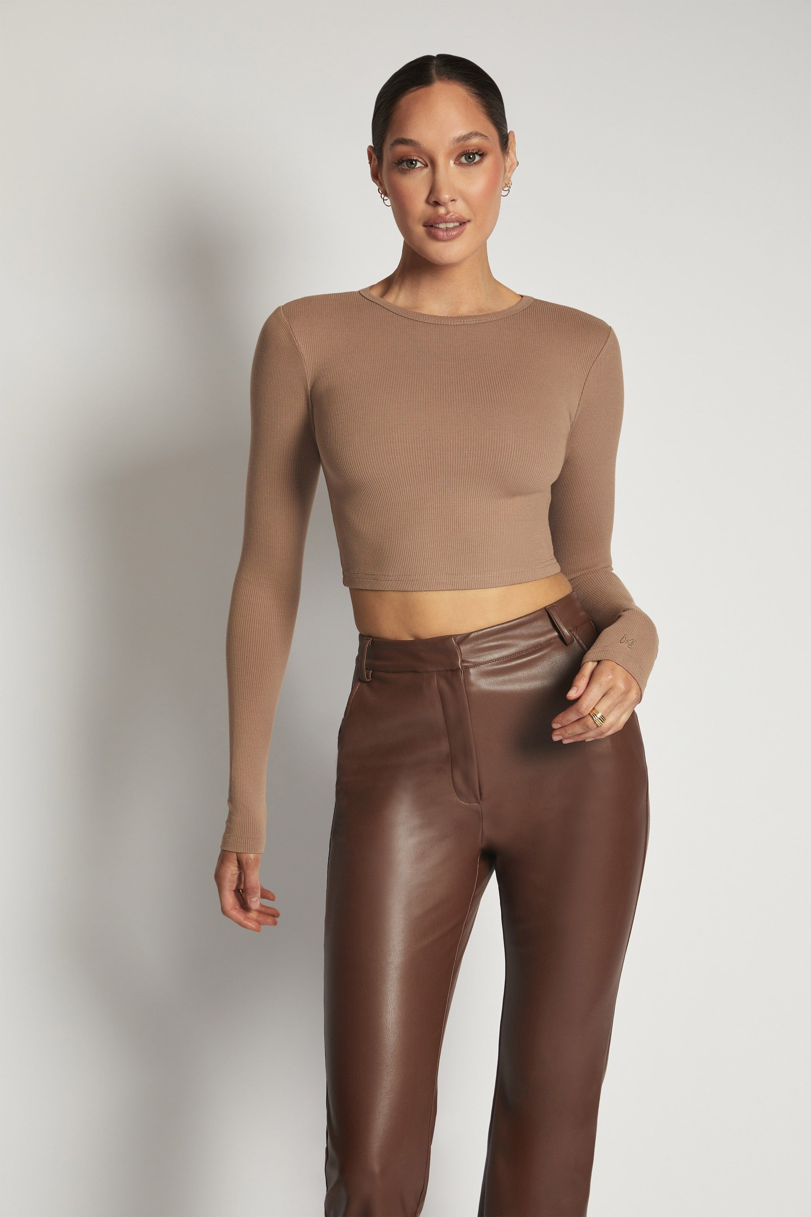 Caroline Long Sleeve Rib Crop - Latte sold by Meshki
