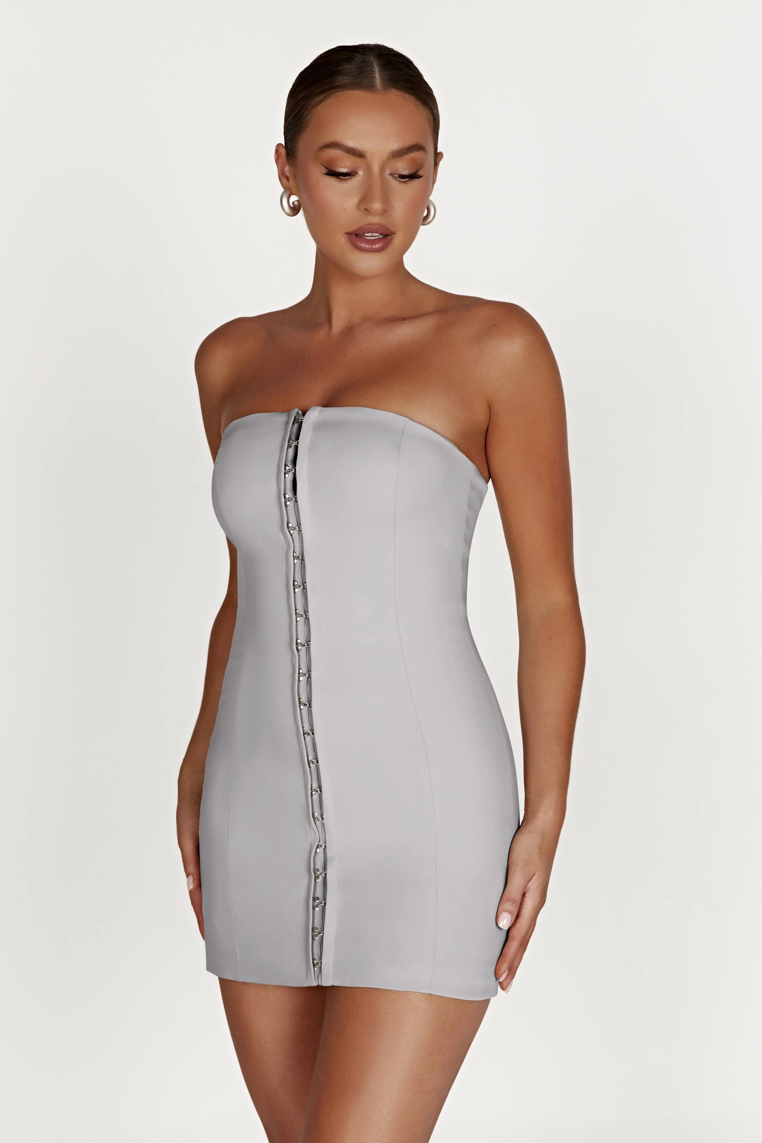 Ornella Hook And Eye Mini Dress - Grey sold by Meshki