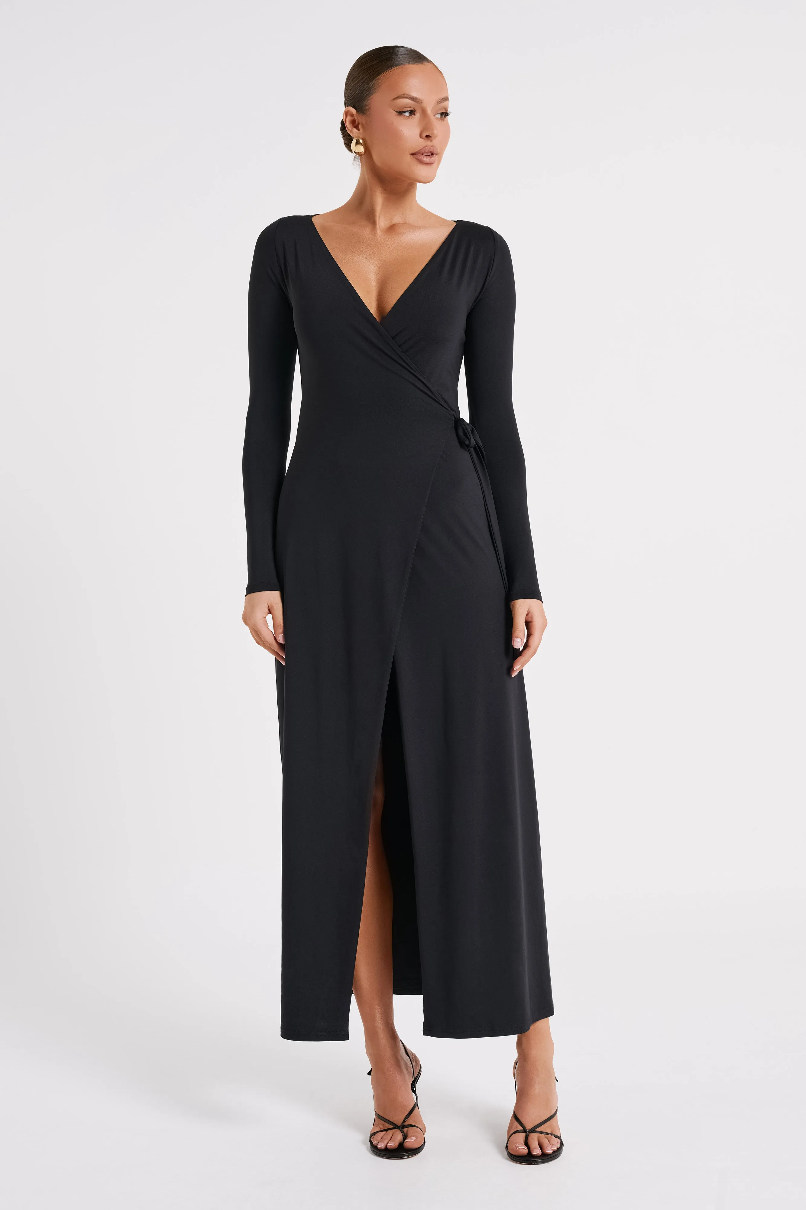 Gillian Recycled Nylon Wrap Maxi Dress - Black sold by Meshki