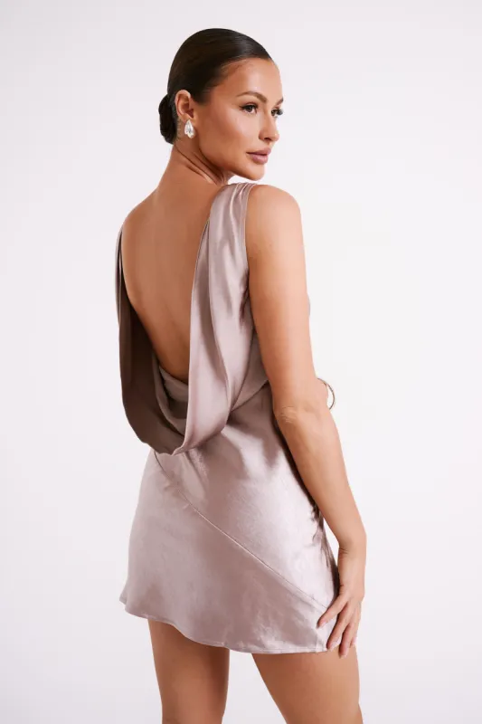 Nadia Satin Mini Dress With Cowl Back - Taupe sold by Meshki