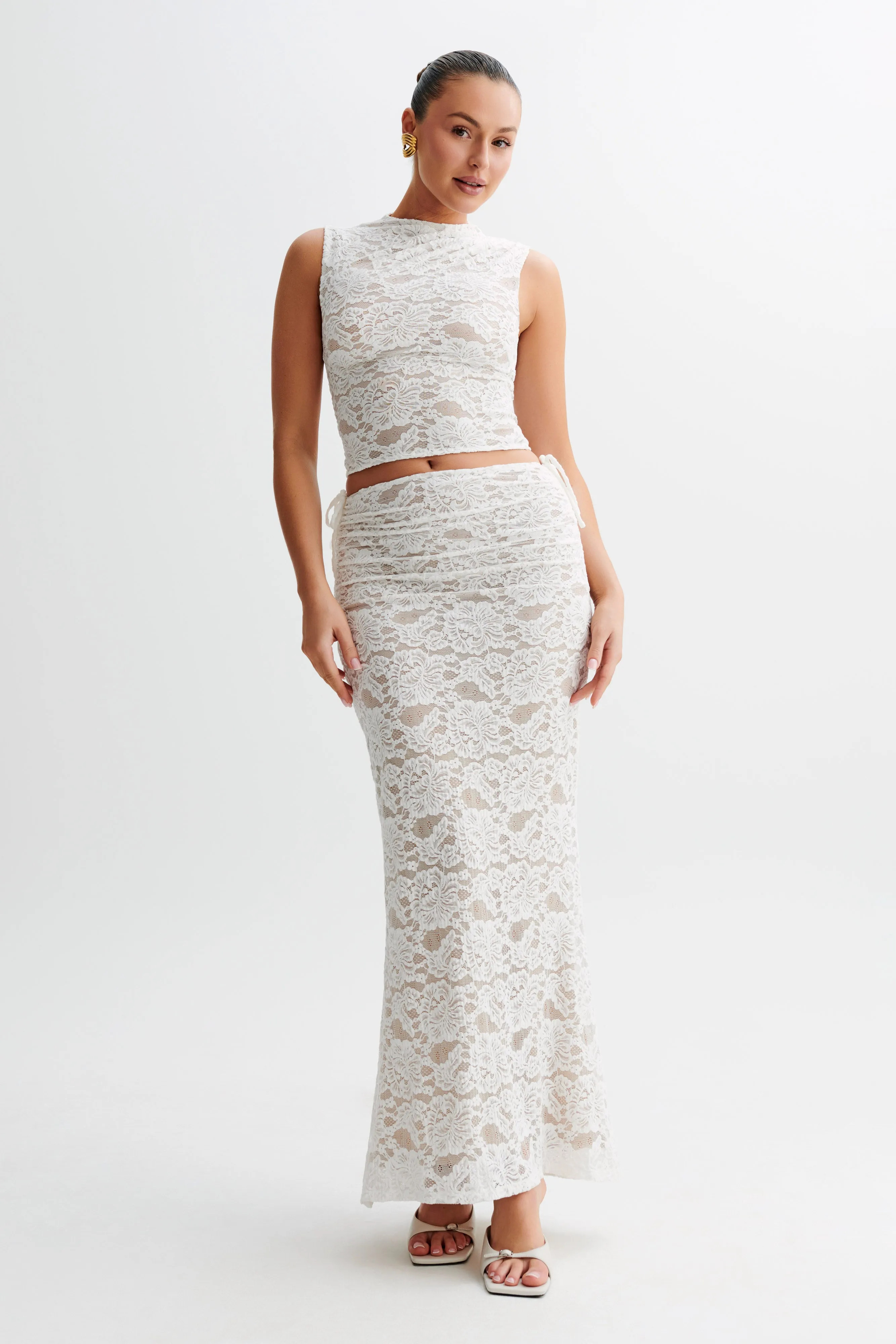 Daniela Lace Plisse Ruched Maxi Skirt - Ivory sold by Meshki product image thumbnail 2