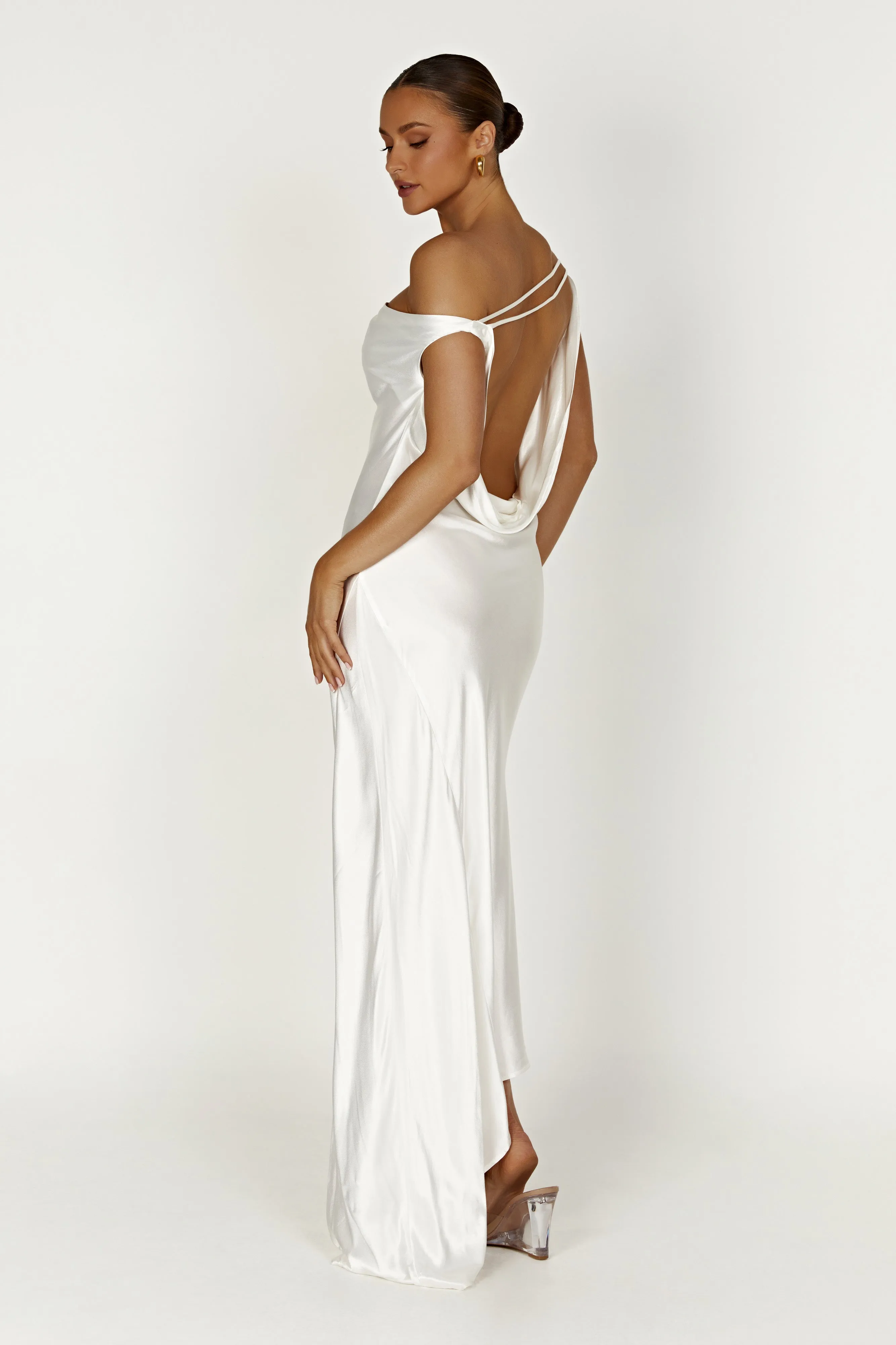 Yvette Slip Maxi Dress With Asymmetrical Hem - White sold by Meshki