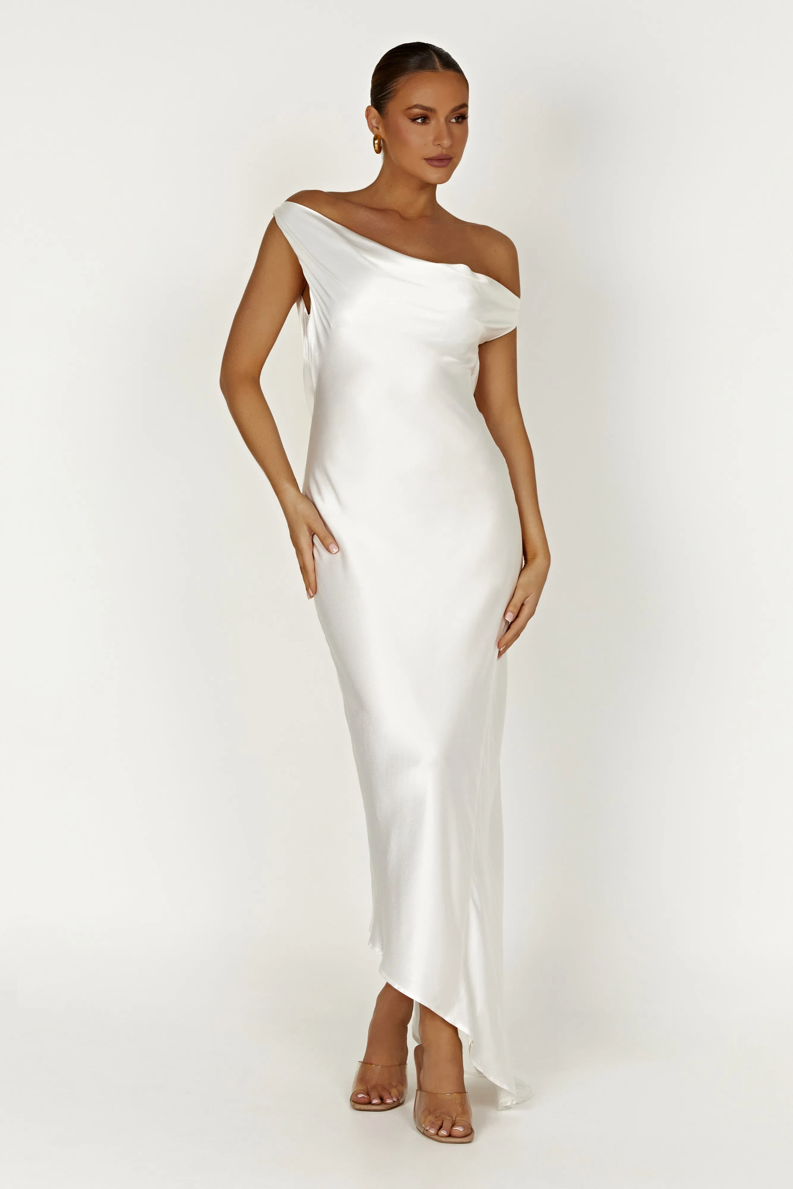 Yvette Slip Maxi Dress With Asymmetrical Hem - White sold by Meshki product image thumbnail 3